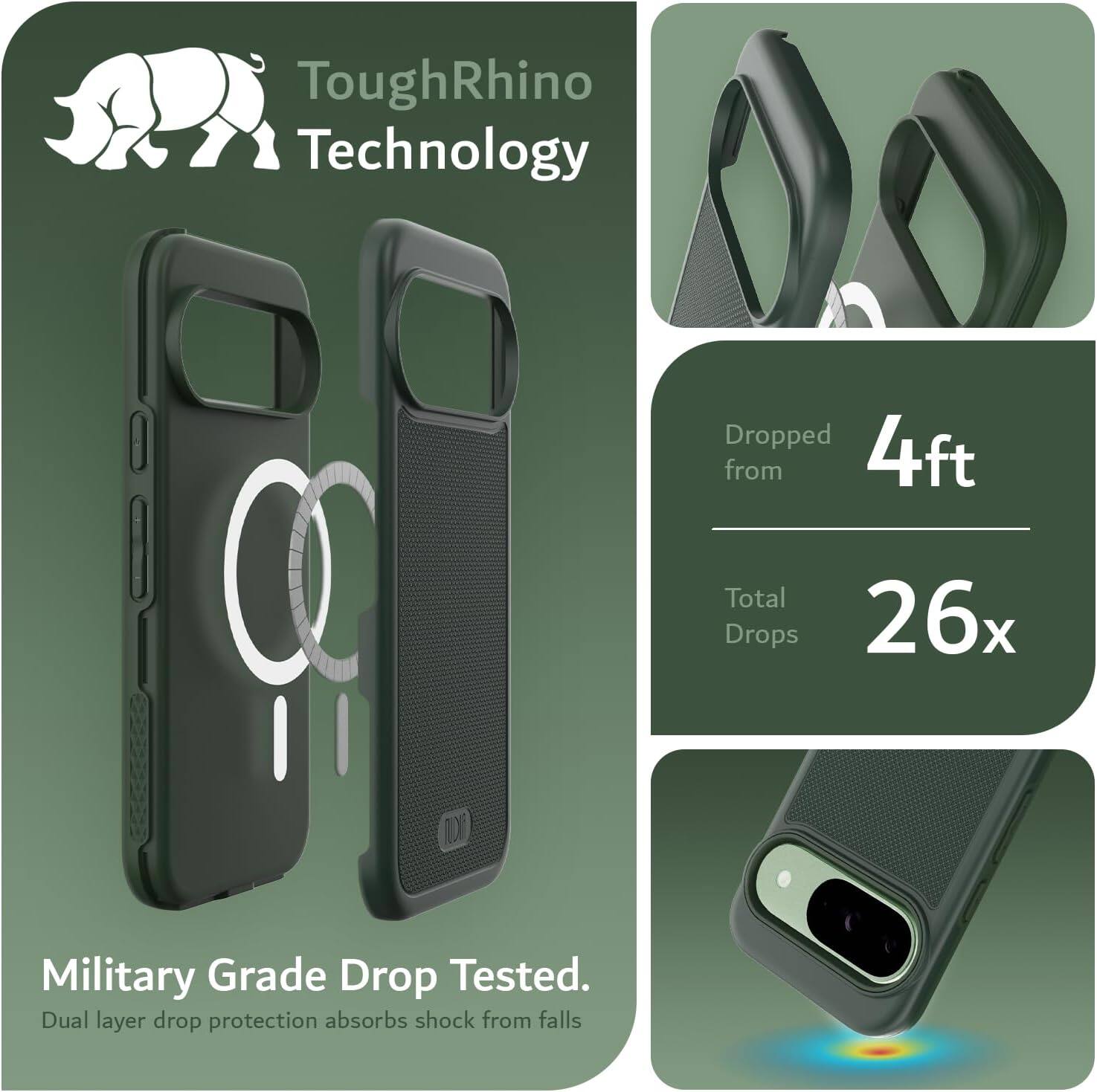 ToughRhino Technology

Military Grade Drop Tested.
Dual layer drop protection absorbs shock from falls.

Dropped from 4ft
Total Drops 26x