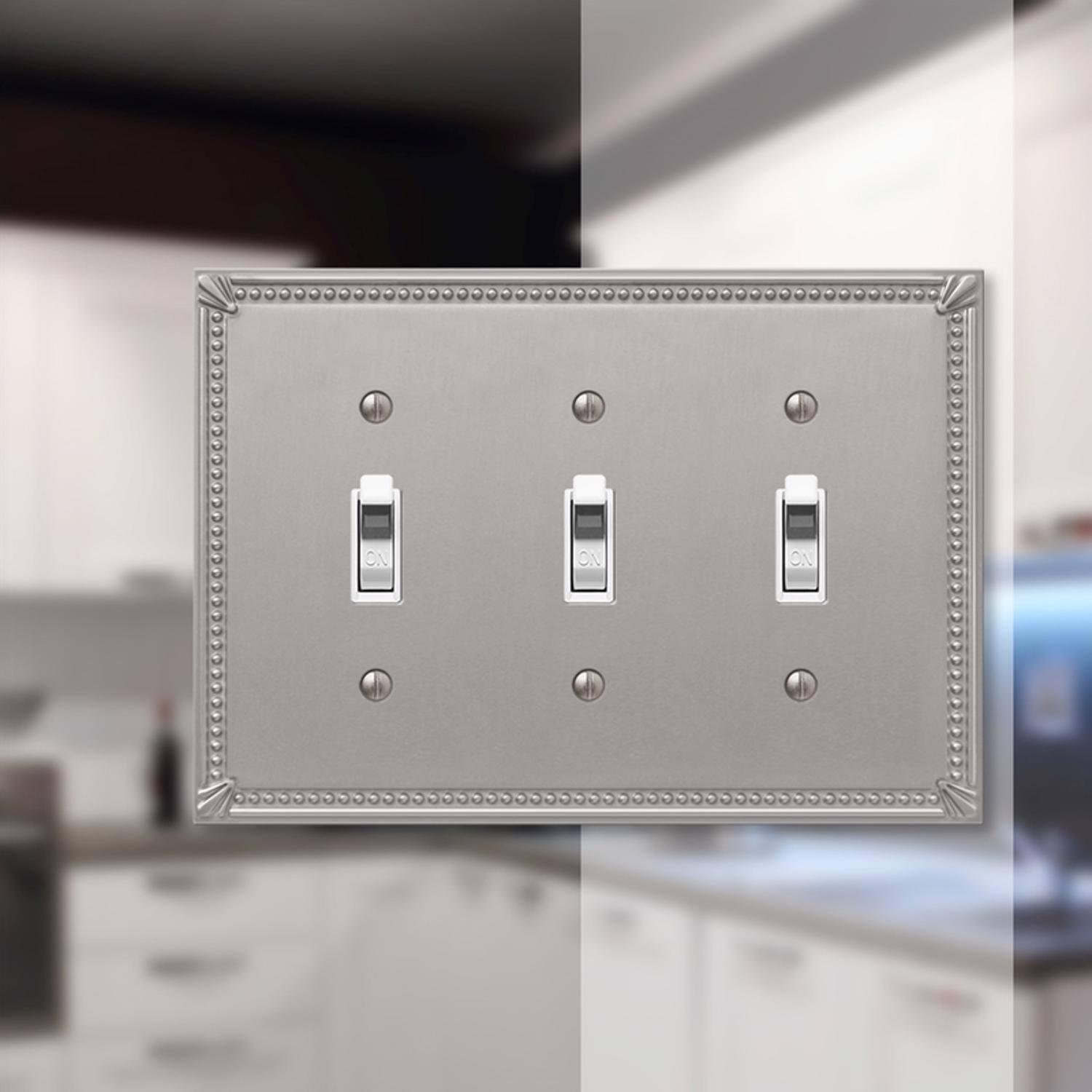 Left. AMERELLE - Amerelle Imperial Bead Brushed Nickel 3 gang Metal Toggle Wall Plate 1 pk - Nickel.