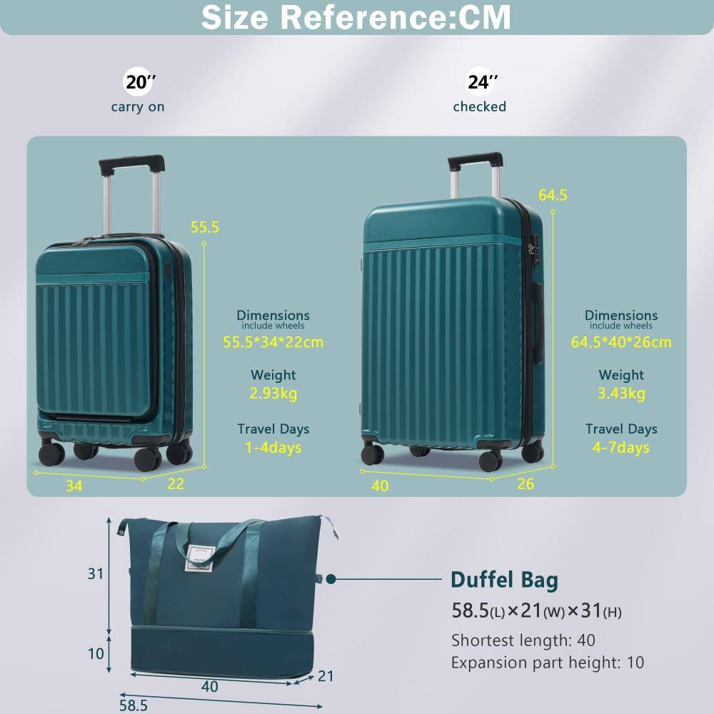 **Size Reference: CM**

**20" carry on**
- Dimensions (include wheels): 55.5*34*22cm
- Weight: 2.93kg
- Travel Days: 1-4 days

**24" checked**
- Dimensions (include wheels): 64.5*40*26cm
- Weight: 3.43kg
- Travel Days: 4-7 days

**Duffel Bag**
- Dimensions: 58.5(L) x 21(w) x 31(H)
- Shortest length: 40
- Expansion part height: 10