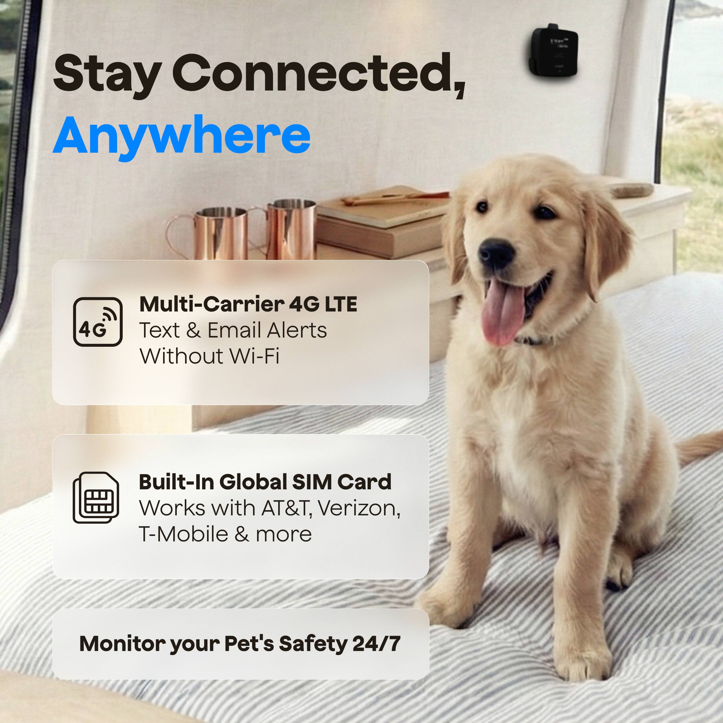 Stay Connected, Anywhere

Multi-Carrier 4G LTE
Text & Email Alerts
Without Wi-Fi

Built-In Global SIM Card
Works with AT&T, Verizon, T-Mobile & more

Monitor your Pet's Safety 24/7
