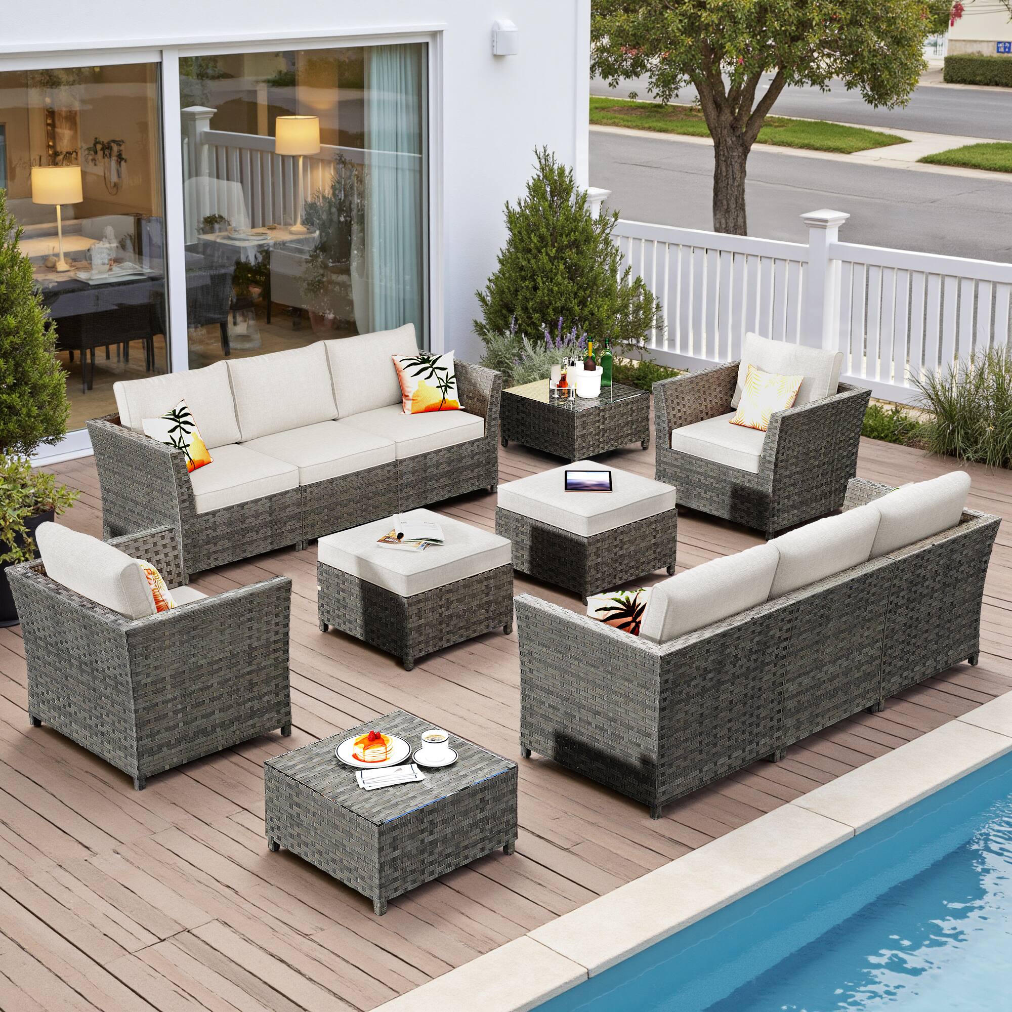 Ovios - 12 PCS Patio Furniture Set, 3 Seat Cushioned Sofa, Comfy Armchair with Ottoman & Coffee Table - Beige