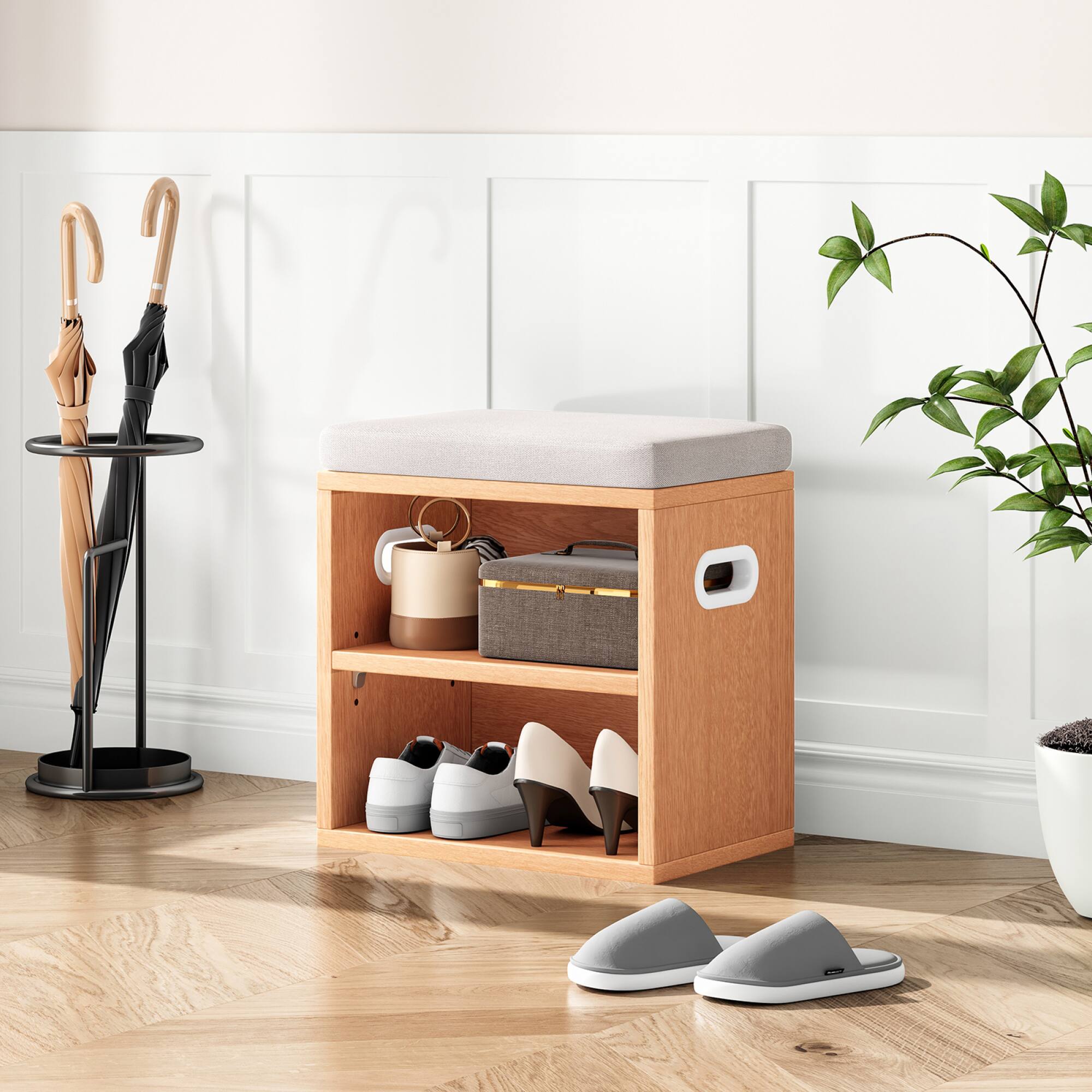 Alt View 6. GOODSILO - Compact Entryway Shoe Storage Bench with Removable Cushion for Seating and Organization - Beige+Oak.