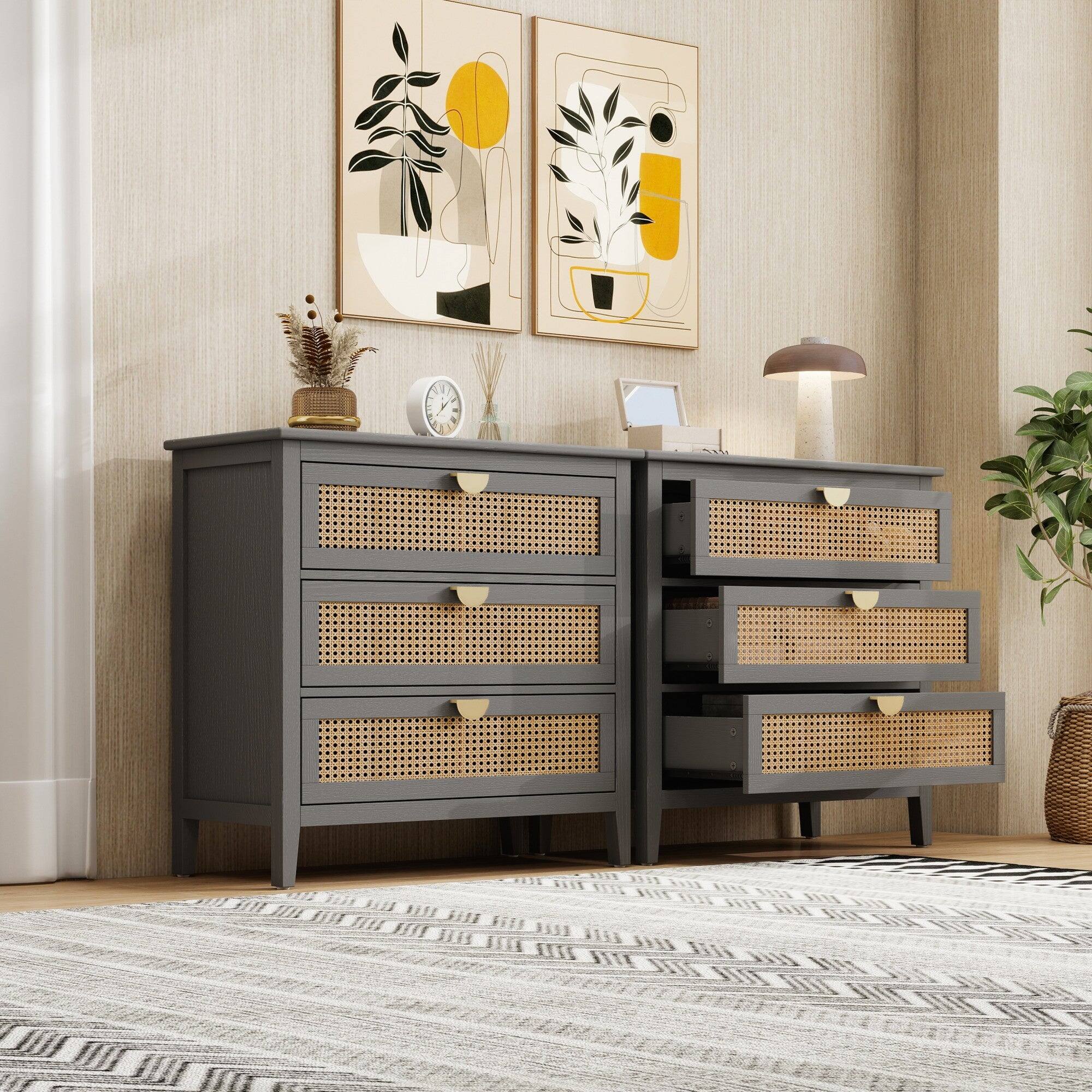 Alt View 7. Boyel Living - Gray 30 in. 3 Drawer Cabinet, Natural rattan Suitable for bedroom, living room, study - Gray.