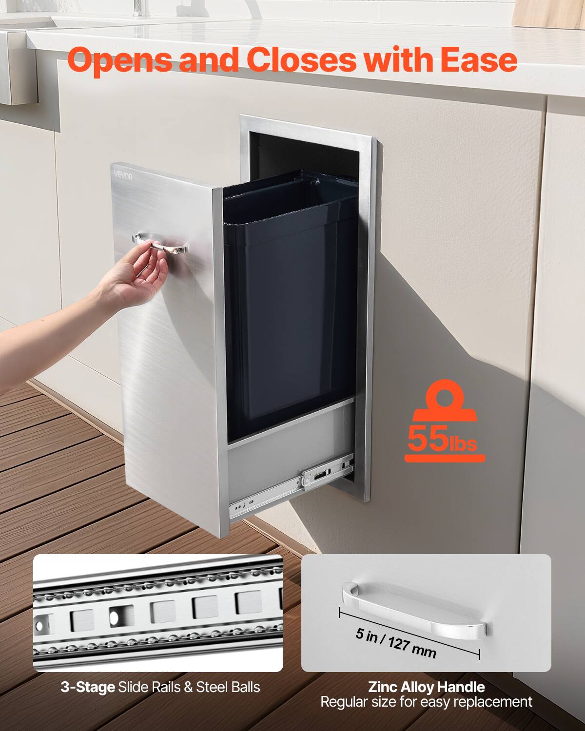 Opens and Closes with Ease

VEVOR

55 lbs

5 in / 127 mm

3-Stage Slide Rails & Steel Balls

Zinc Alloy Handle

Regular size for easy replacement