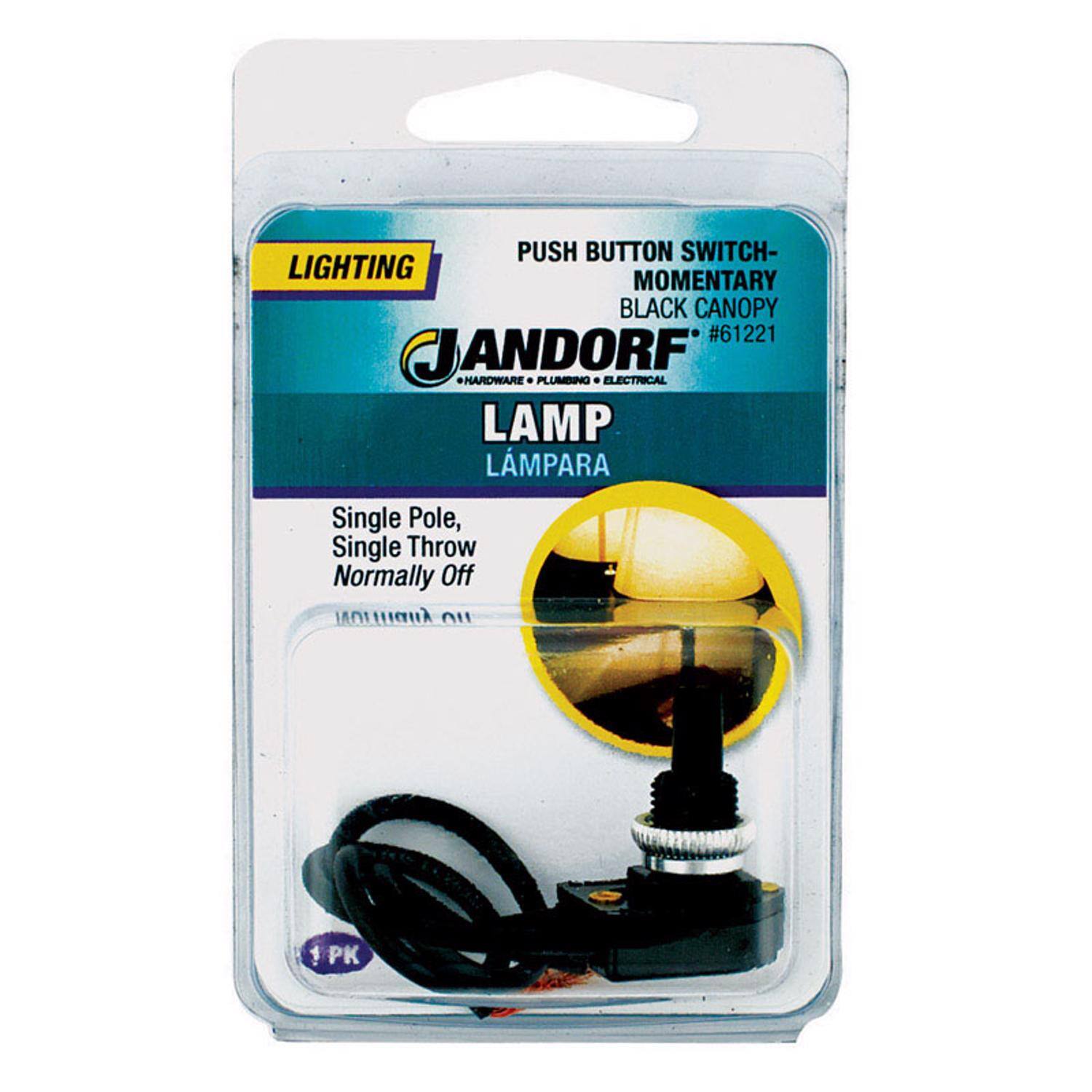 PUSH BUTTON SWITCH - LIGHTING MOMENTARY BLACK CANOPY #61221  
ANDORF HARDWARE PLUMBING ELECTRICAL  
LAMP LÁMPARA  
Single Pole, Single Throw Normally Off  
1 PK