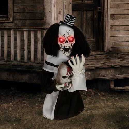 Front. Winado - Halloween Scary Bounce Clown Skeleton w/ Bloodstains Tabletop Animated Prop Decoration for Holiday Indoor Outdoor Garden - White & Black.