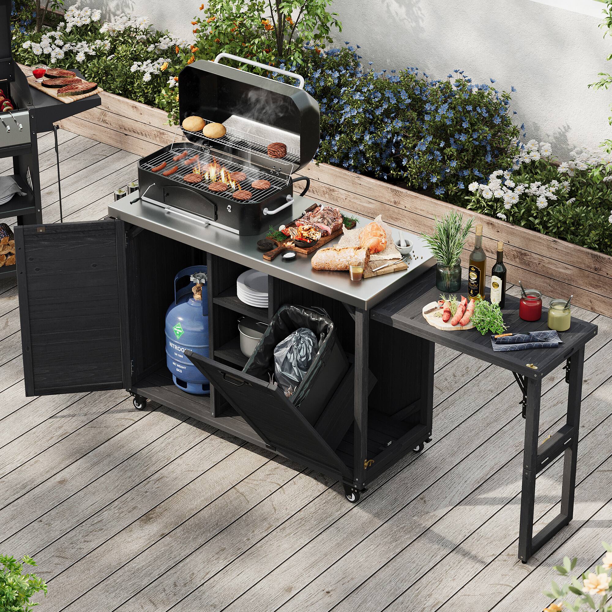 Alt View 7. PexFix - 78.3" Outdoor Kitchen Island with Foldable Table, Trash Storage & Stainless Top, Wood Pizza Oven Cart for Lawn & Garden - Black.