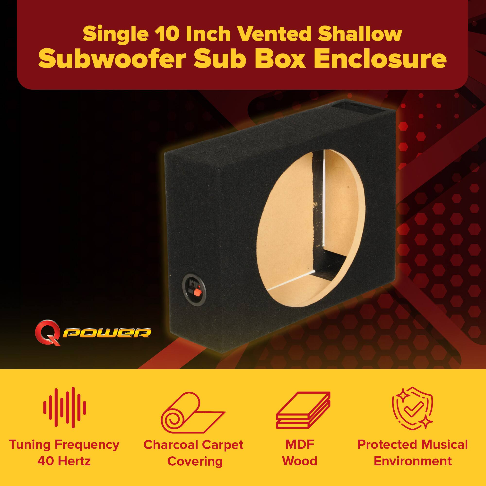 Single 10 Inch Vented Shallow Subwoofer Sub Box Enclosure

- Tuning Frequency: 40 Hertz
- Charcoal Carpet Covering
- MDF Wood
- Protected Musical Environment
