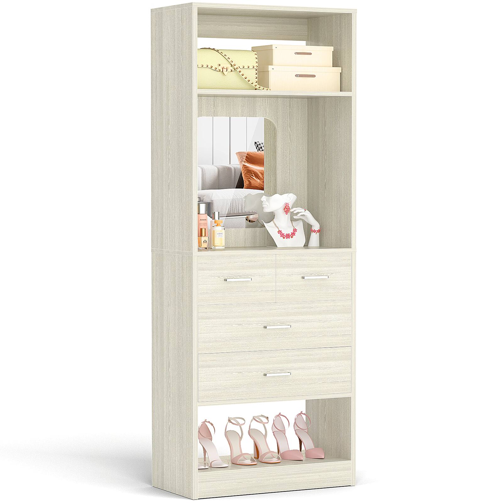 Alt View 1. Aheaplus - 25 Inch Closet System with 4 Wooden Drawers, Freestanding Closet Organizer with Mirror & Storage Shelves - Beige Oak.