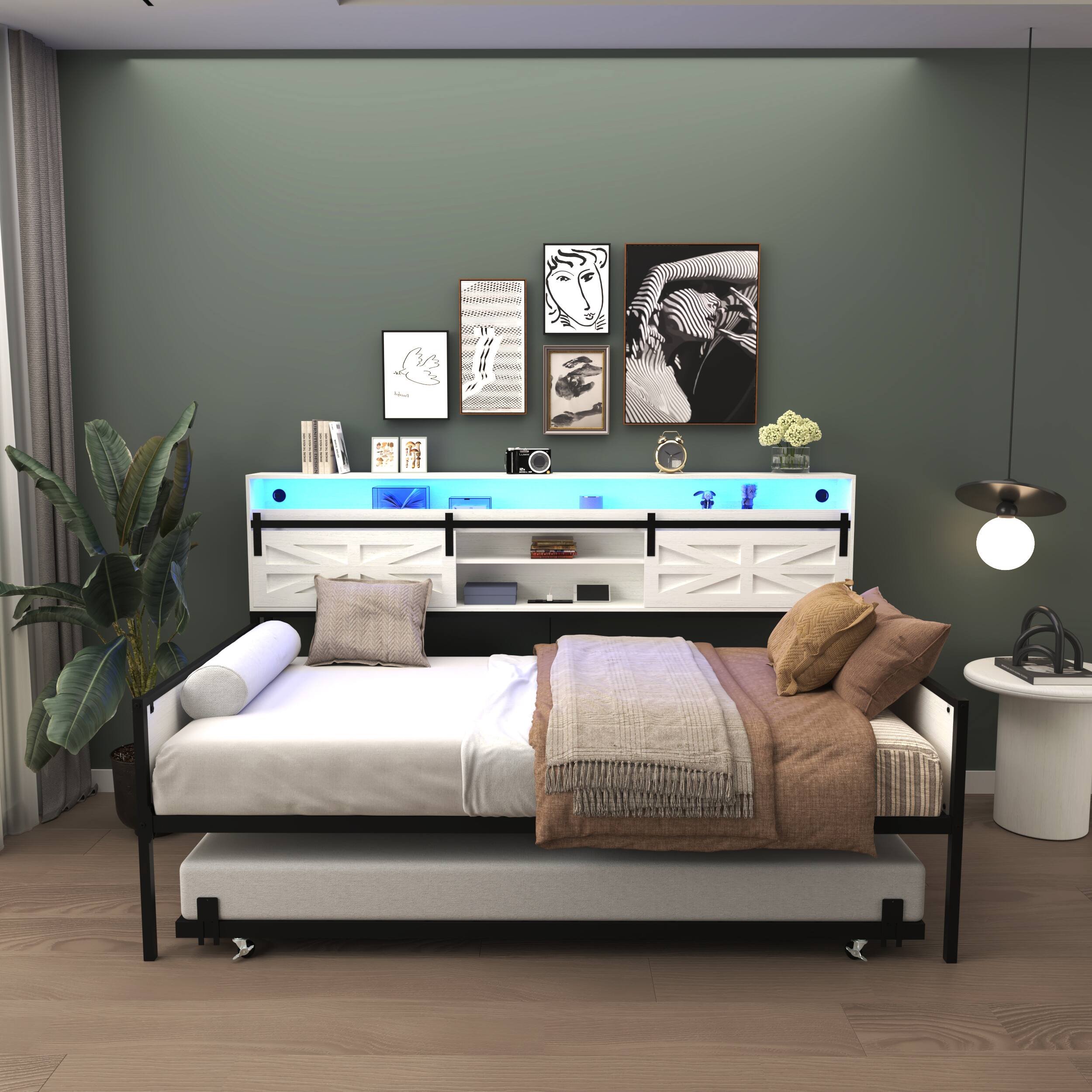 Angle. LUCKY ONE - Farmhouse Twin Daybed with Trundle,Charging Station & LED Light - White.