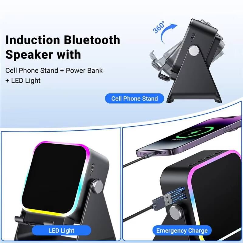 Induction Bluetooth Speaker with Cell Phone Stand + Power Bank + LED Light

- Cell Phone Stand
- LED Light
- Emergency Charge