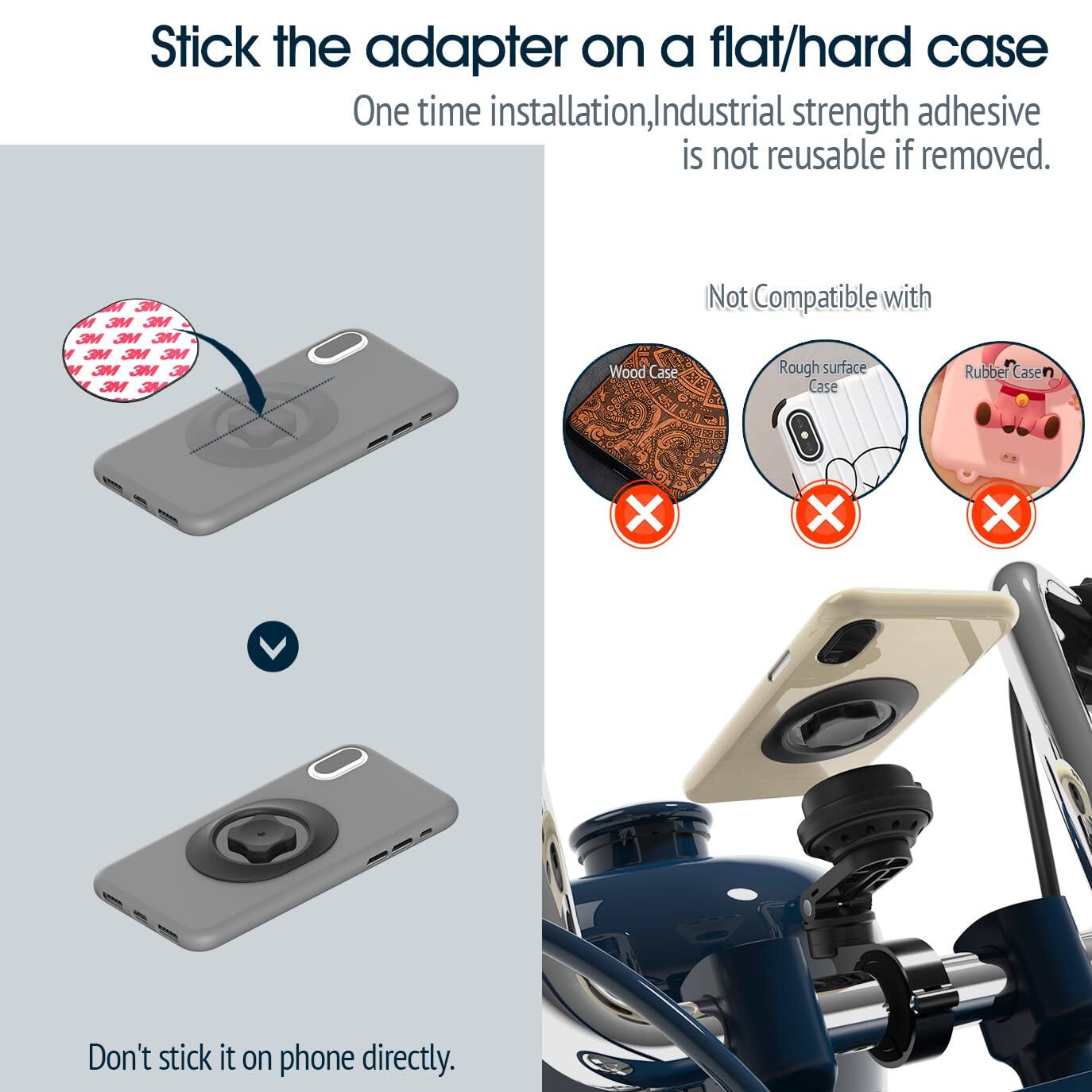 Stick the adapter on a flat/hard case

One time installation, Industrial strength adhesive is not reusable if removed.

Not Compatible with:
- Wood Case
- Rough surface Case
- Rubber Case

Don't stick it on phone directly.