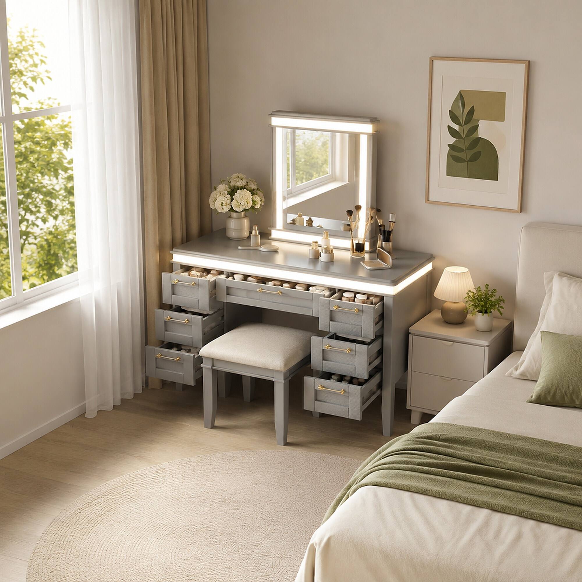 Back. RYHNUYNE - 48 in Vanity Desk Set, 7 Drawers, Cushioned Stool, LED Mirror, Rubber Wood Legs, Greyblue - Grayish Blue.