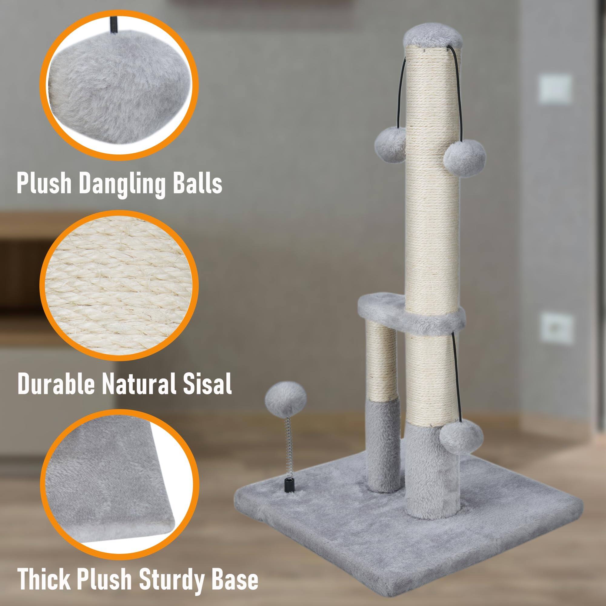 Plush Dangling Balls  
Durable Natural Sisal  
Thick Plush Sturdy Base