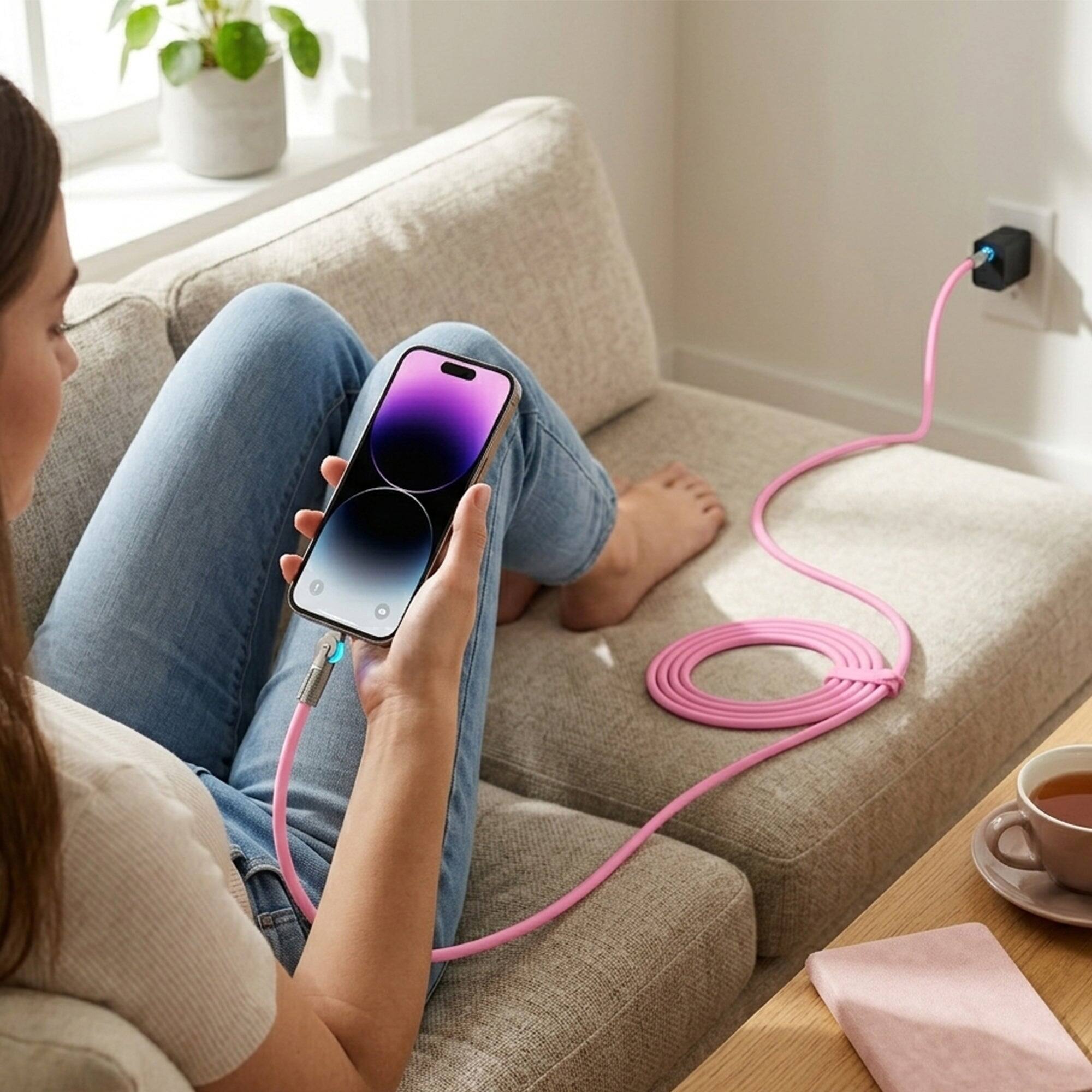 Back. iBasics - 100W USB-C to USB-C Cable 12ft – Fast Charge Swivel Cord - Pink.
