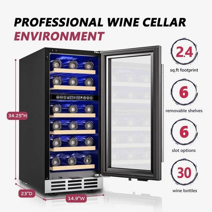 PROFESSIONAL WINE CELLAR ENVIRONMENT

- 2.4 sq.ft footprint
- 34.25"H
- 23"D
- 14.9"W
- 6 removable shelves
- 6 slot options
- 30 wine bottles