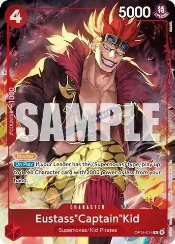 4  
5000 SPECIAL  
1000 1 + COUNTER  
Blocker  
On Play If your Leader has the {Supernovas} type, play up to 1 red Character card with 2000 power or less from your hand.  
CHARACTER  
Eustass "Captain" Kid  
Supernovas/Kid Pirates  
OP14-014