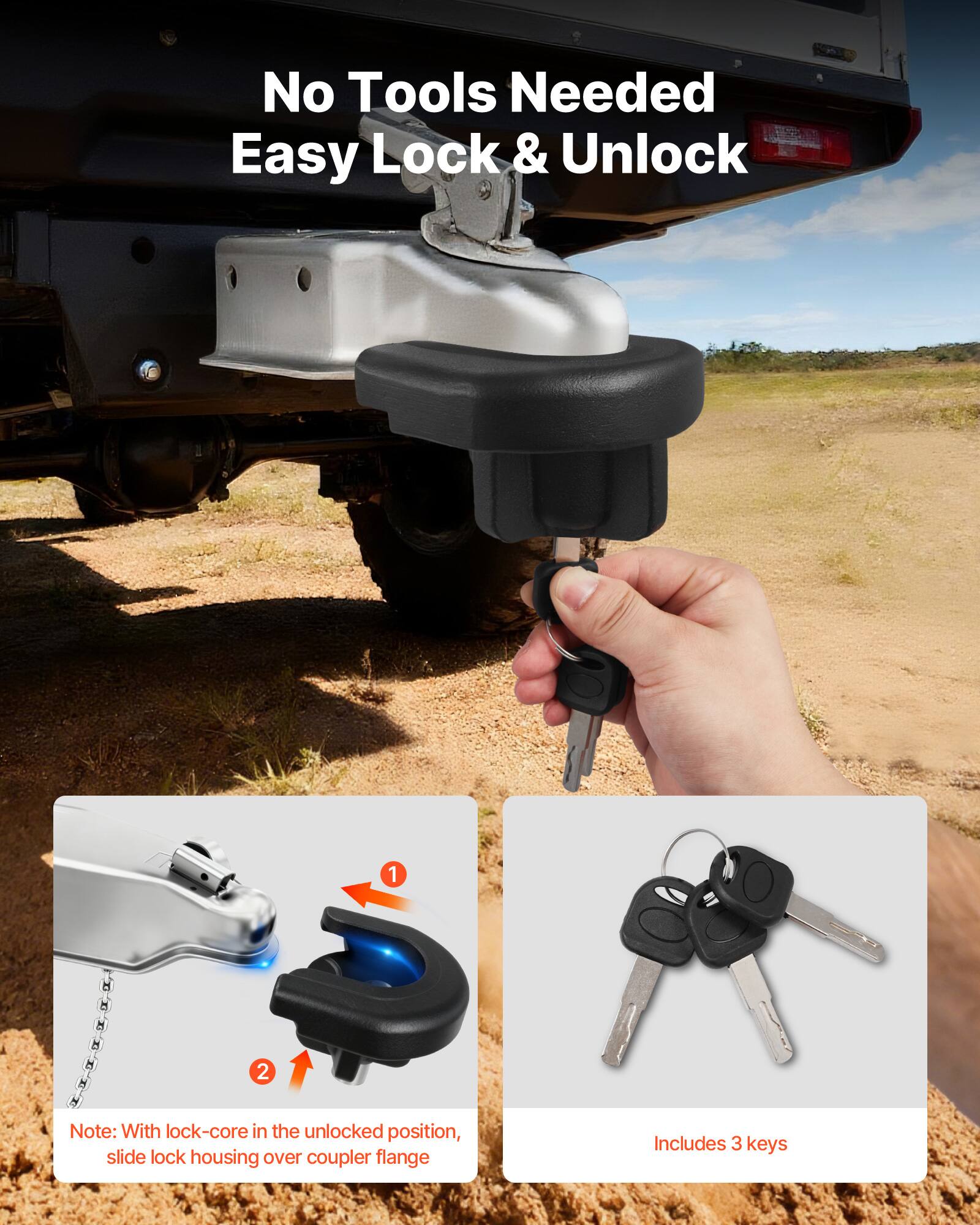 No Tools Needed Easy Lock & Unlock

1. Note: With lock-core in the unlocked position, slide lock housing over coupler flange
2. Includes 3 keys