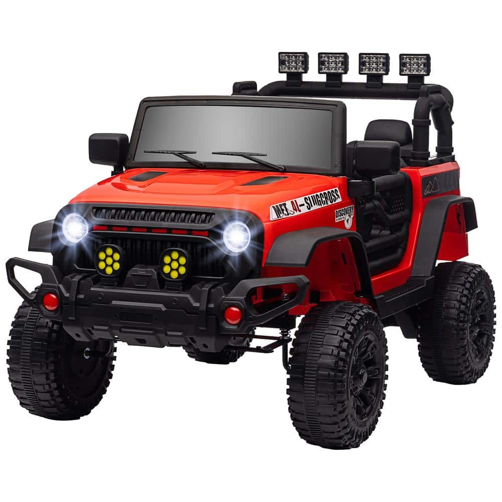 BreeBe - Qaba 12V Kids Ride-On Truck, Electric Car with Remote, 4-Wheel Suspension, Music, Horn, LED Lights - Red