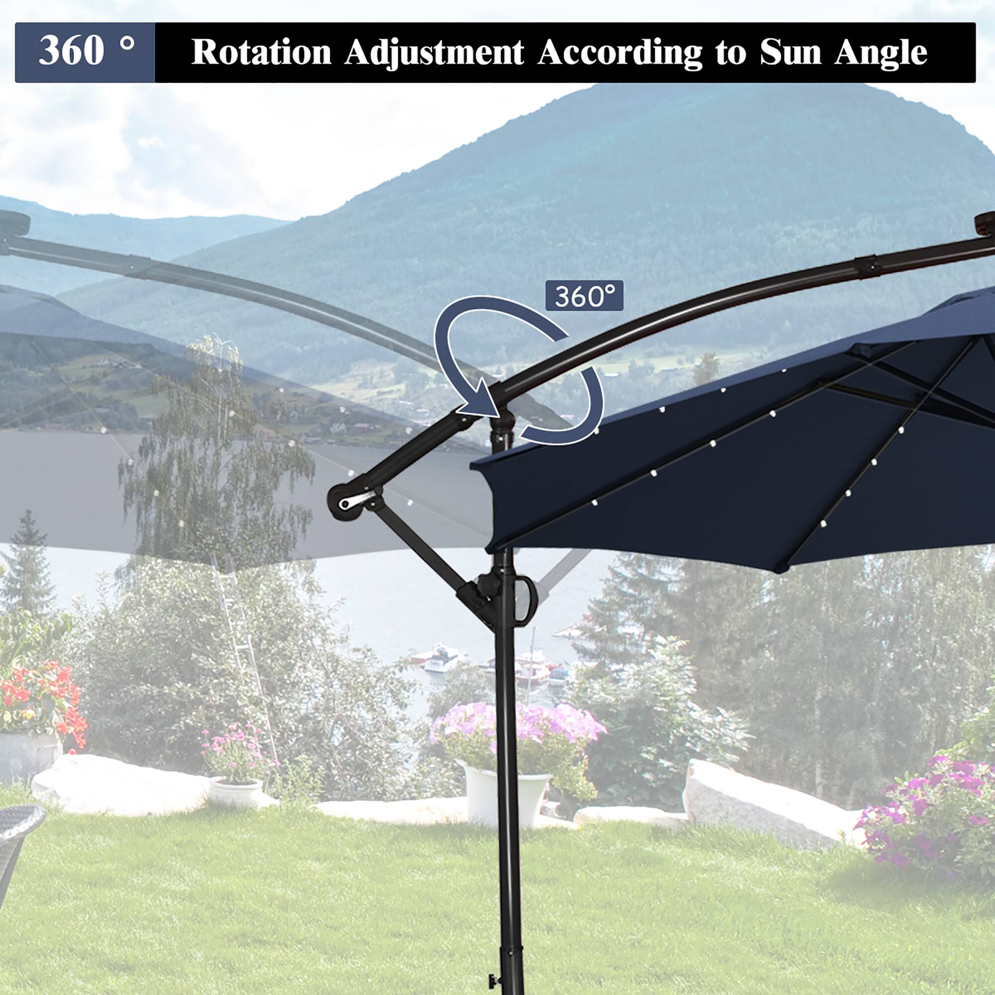 The text on the image reads "360° Rotation Adjustment According to Sun Angle 360°." This suggests that the umbrella is designed to rotate and adjust its position according to the sun's angle, providing shade and protection from the sun's rays throughout the day.