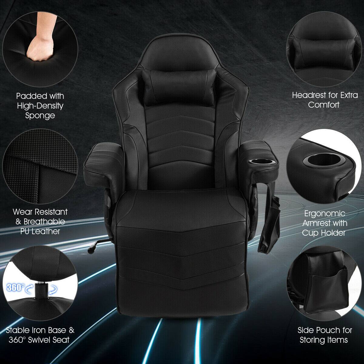 The image features a black chair with a padded headrest for extra comfort. The chair is made of wear-resistant and breathable PU leather, and it has an ergonomic armrest with a cup holder. The chair also has a 360 stable iron base and a 360 swivel seat, making it convenient for use. Additionally, there is a side pouch for storing items, making it a practical and comfortable choice for various settings.