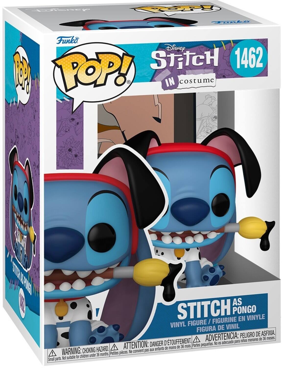 Sure, here is the corrected and grouped text from the image:

---

**Funko POP!**

**Disney Stitch in costume**

**1462**

**STITCH AS PONGO**

**VINYL FIGURE / FIGURINE EN VINYLE / FIGURA DE VINIL**

**WARNING: CHOKING HAZARD. Small parts. Not suitable for children under 36 months.**

**ATTENTION: DANGER D'ÉTOUFFEMENT. Petites pièces. Ne convient pas aux enfants de moins de 36 mois.**

**ADVERTENCIA: PEORIGRO DE ASFIXIA. Partes pequeñas. No es adecuado para niños menores de 36 meses.**

---

This text includes all the relevant information from the packaging, grouped and corrected for clarity.