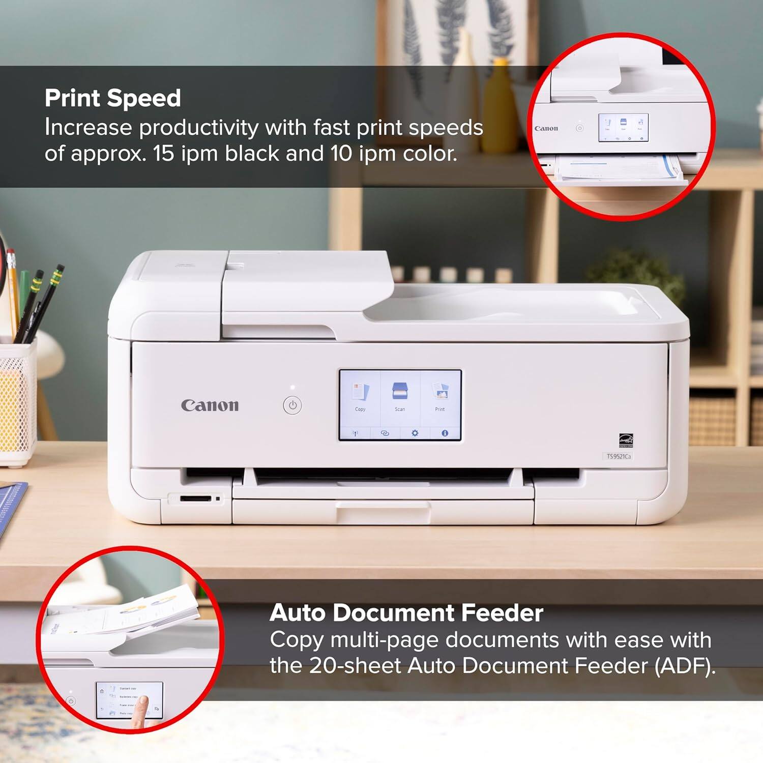 Print Speed  
Increase productivity with fast print speeds of approx. 15 ipm black and 10 ipm color.

Auto Document Feeder  
Copy multi-page documents with ease with the 20-sheet Auto Document Feeder (ADF).