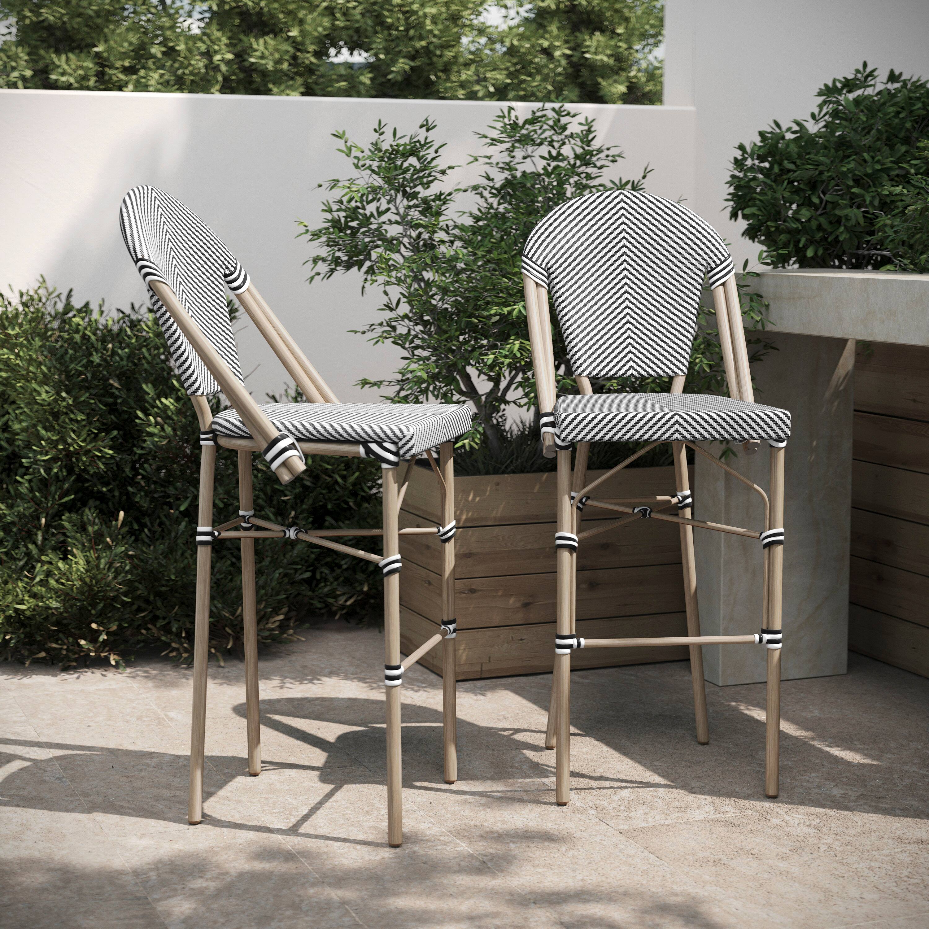 Alt View 2. Emma + Oliver - Massalia Indoor/Outdoor Bistro Style Bar Stools with Textilene Seat and Metal Frame - Black & White/Light Natural Frame.