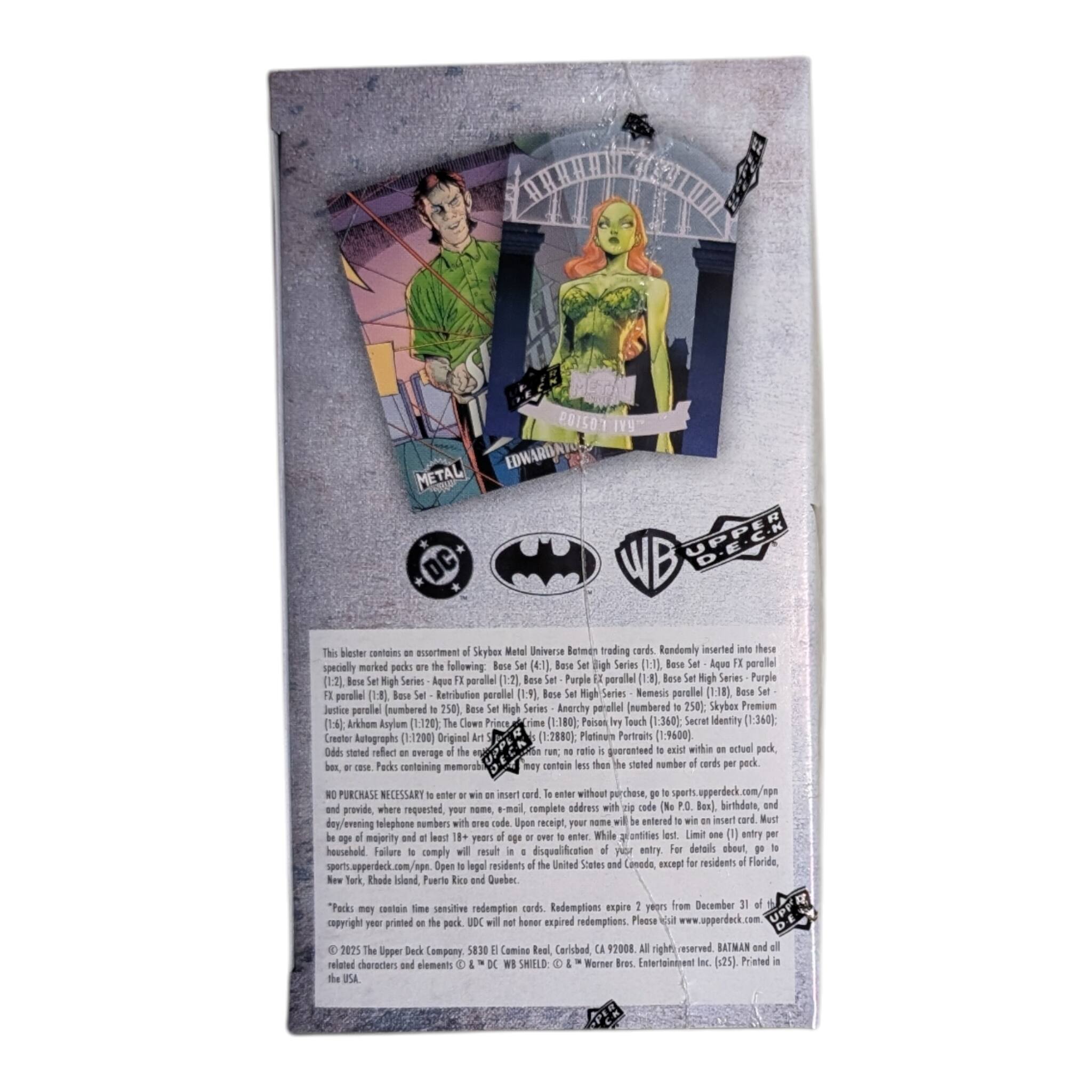 2015 #1 19 EDWARD TO METAL DC OPER biester contains assertion Skybex Motel Universe Batman trading cards randomly inserted these specially marked cards following Bese (4:1) Bese High Series [] Bese Aque parallel [12] High Series Aque parallel [1.2] Bese Purple parallel [1] Bese High Series Purple parallel (1) Bese Retribution parallel (1.9) Bese High Series Remesis parallel (1) Bese Jestion parallel (numbered 250) High Series Anarchy parallel (numbered 250) Skyber Premium [16] Arkhon Asylum (1120) Clewn (1.180) Palen Touch (1:36) Secret Identity (1:360) Creator Autographs (1:1200) Original (1:2880) Platinum Portraits [1:9600] Odds stated reflect average of the stated number of cards per pack. Packs containing memorabilia contain the stated number of cards per pack. PURCHASE NECESSARY to enter. Where requested, provide your name, age, day/evening telephone numbers with zip