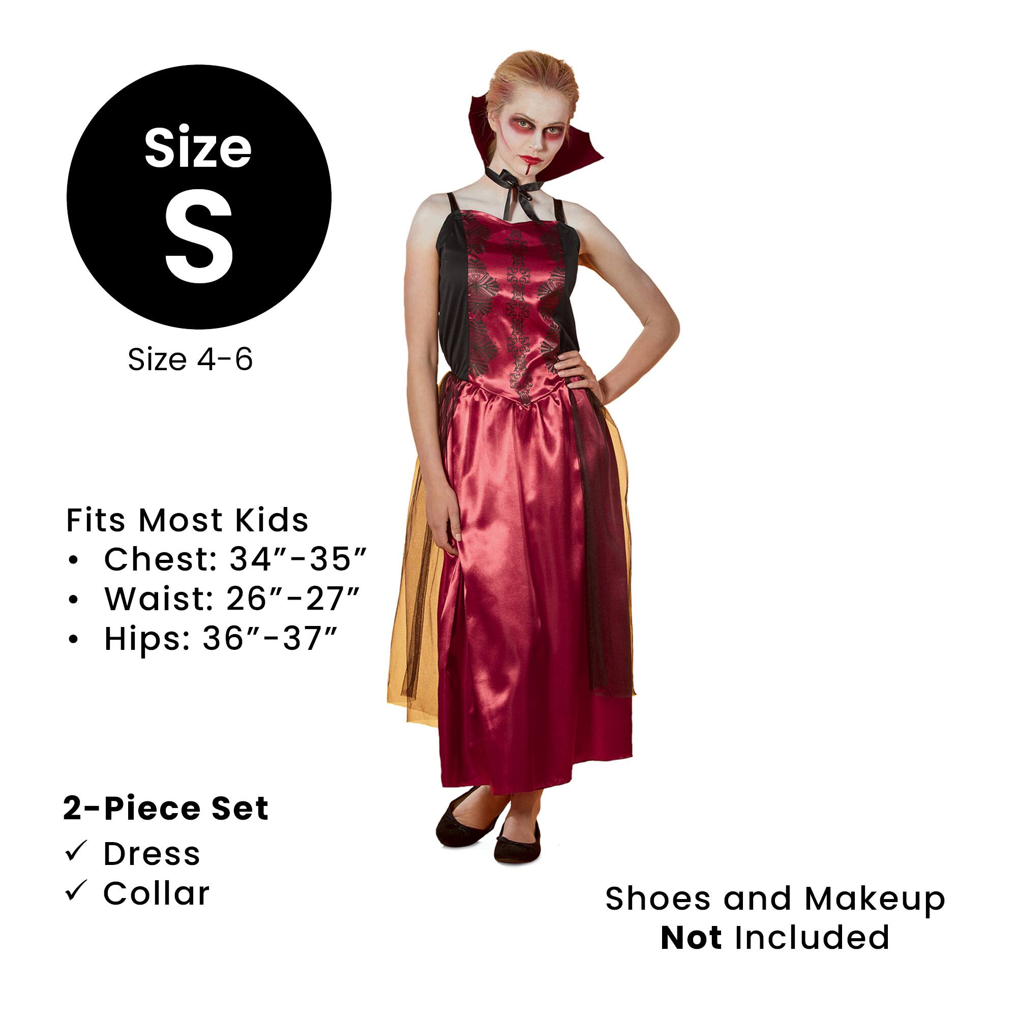 Size S  
Size 4-6  
Fits Most Kids  
- Chest: 34"-35"  
- Waist: 26"-27"  
- Hips: 36"-37"  

2-Piece Set  
✓ Dress  
✓ Collar  

Shoes and Makeup Not Included