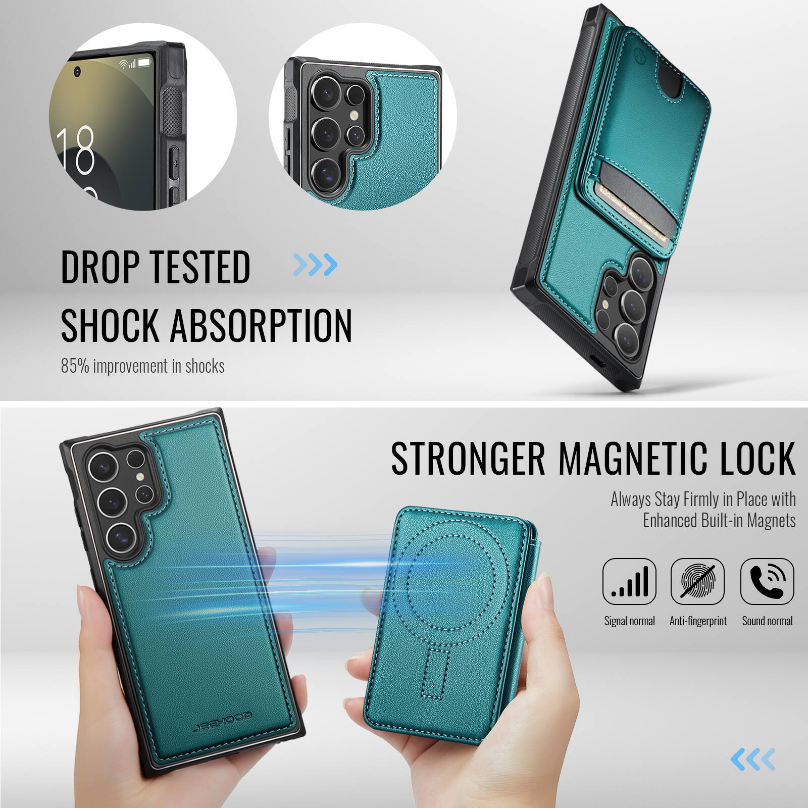 18 DROP TESTED  
SHOCK ABSORPTION  
85% improvement in shocks  

STRONGER MAGNETIC LOCK  
Always Stay Firmly in Place with Enhanced Built-in Magnets  

Signal normal  
Anti-fingerprint  
Sound normal