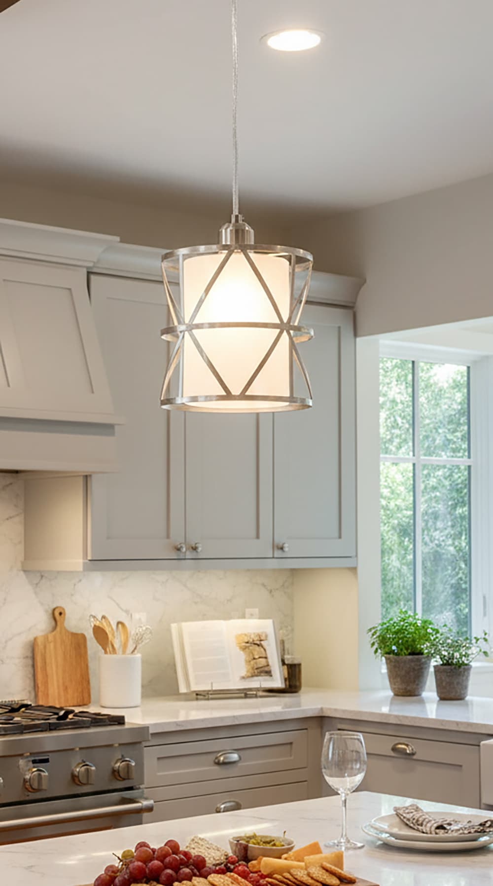 Alt View 4. FINEAK - Brushed Nickel Cylindrical Pendant Lights with Frosted Glass - Modern Hanging Kitchen Island Lights.