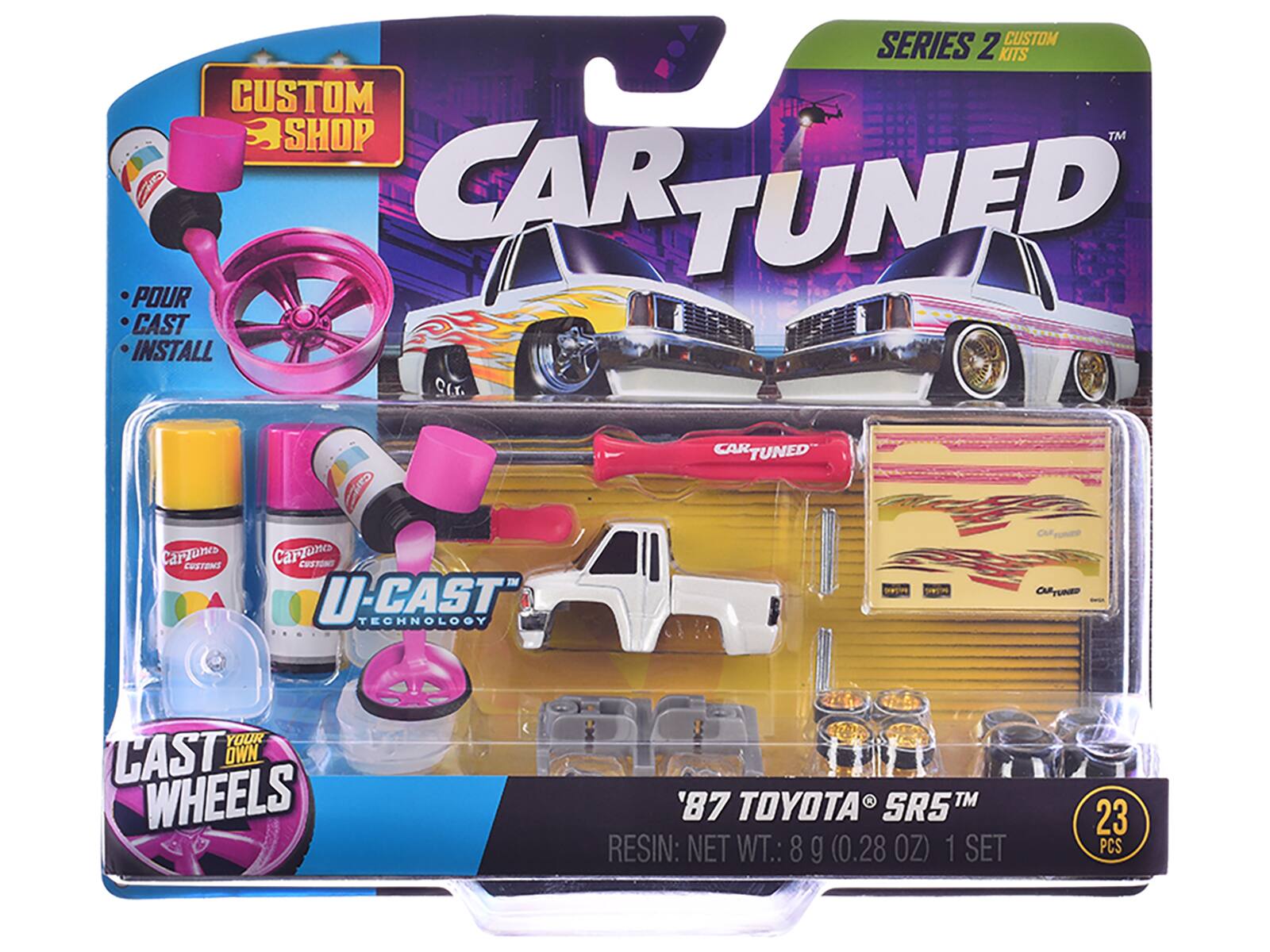 SERIES 2 CUSTOM KITS  
CUSTOM SHOP  
TM  
Su CAR TUNED POUR CAST INSTALL  
SGr.  
rn  
CUSTEMS  
Carano  
CUSTONS  
U-CAST TECHNOLOGY  
CAR TUNED  
OyUNaD  
YOUR CAST OWN WHEELS  
'87 TOYOTA SR5™  
RESIN: NET WT.: 8 g (0.28 OZ)  
1 SET  
23 PCS
