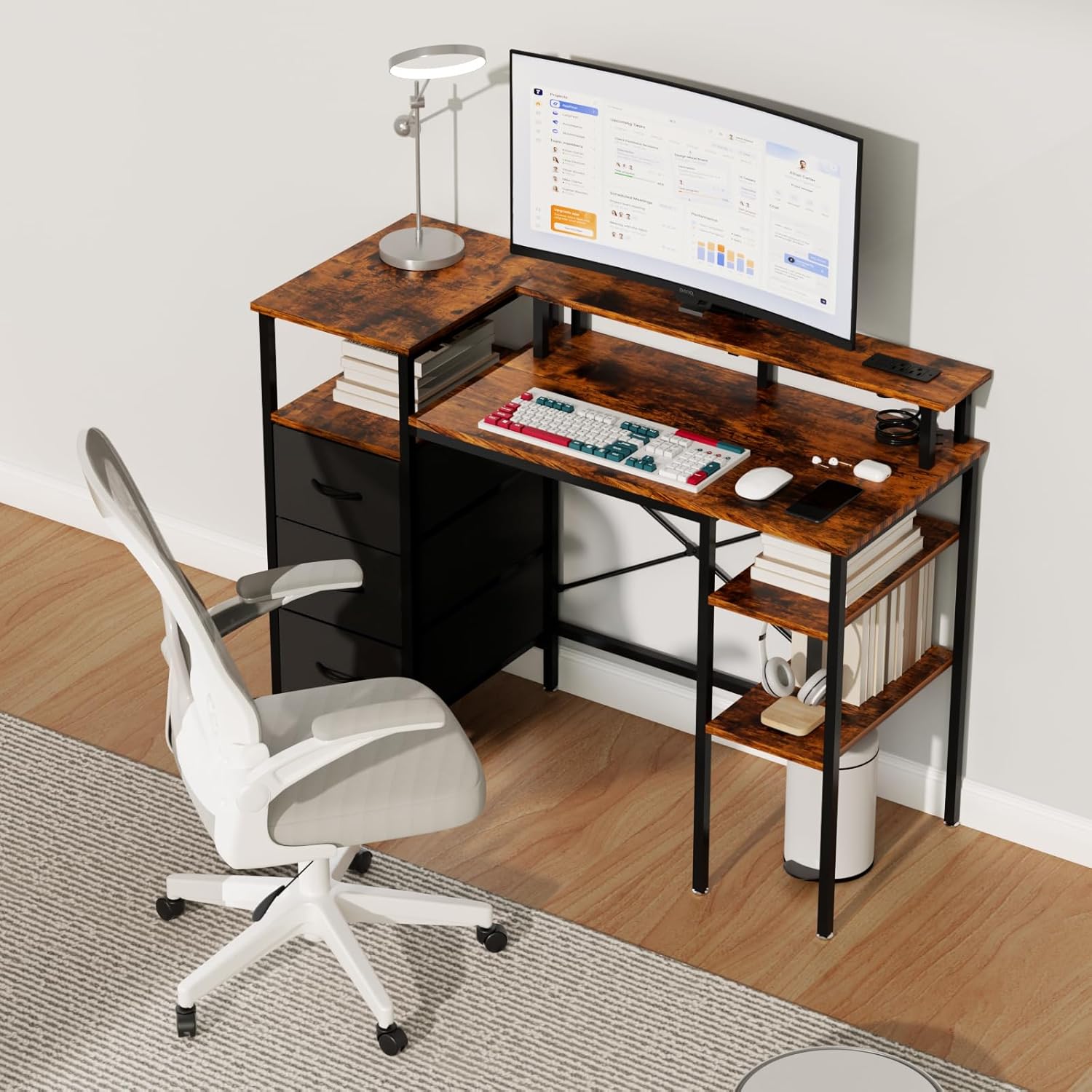 Alt View 7. Winado - 47" L-Shaped Computer Gaming Desk with Fabric Drawers & Storage Shelves,Charging Station,Monitor Stand for Home Office - Rustic Brown.