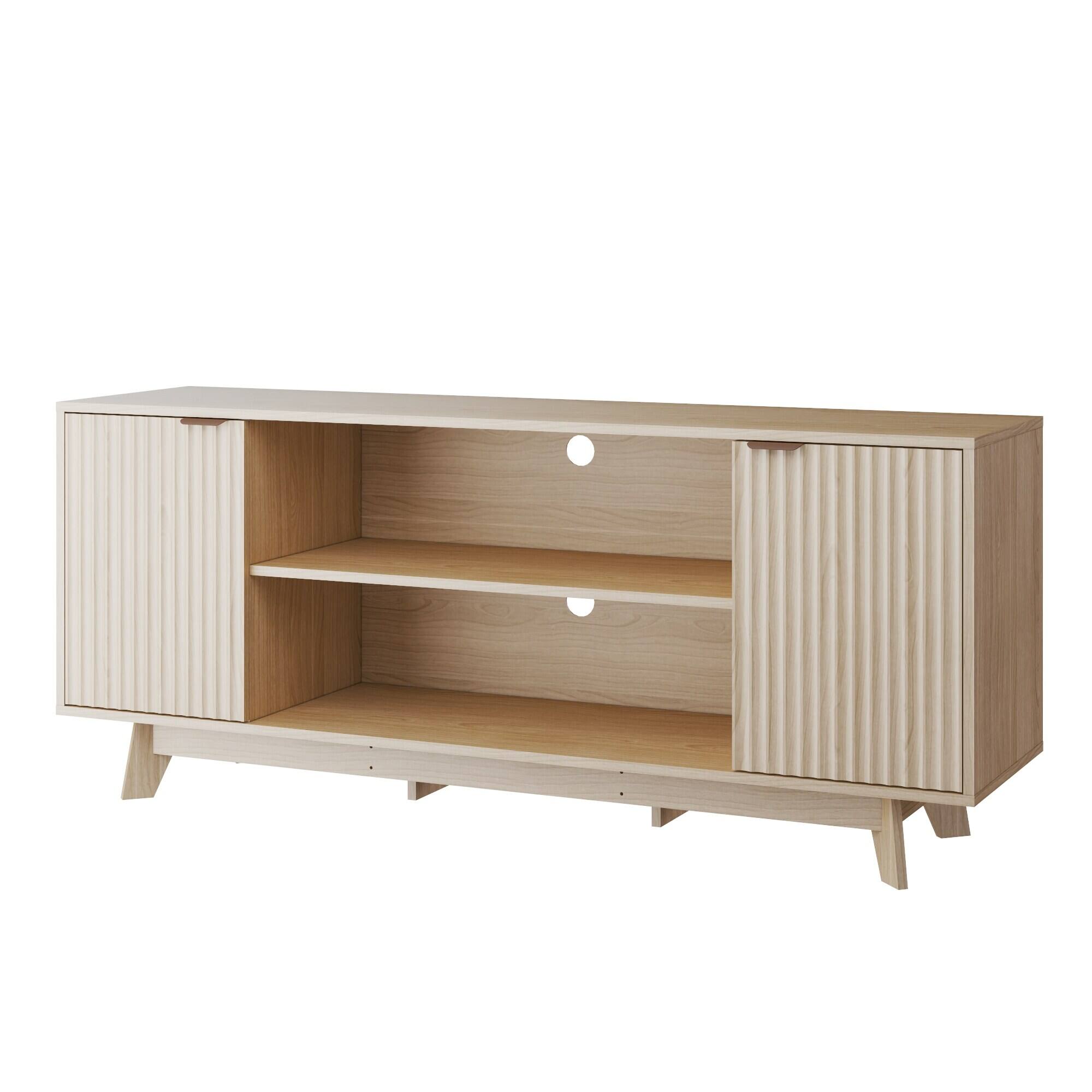 Alt View 4. U-HOMY - 59" Fluted Door TV Stand with Open Shelves, 2-Tier Media Console & Storage Cabinet for TVs up to 65 Inch - Wood.