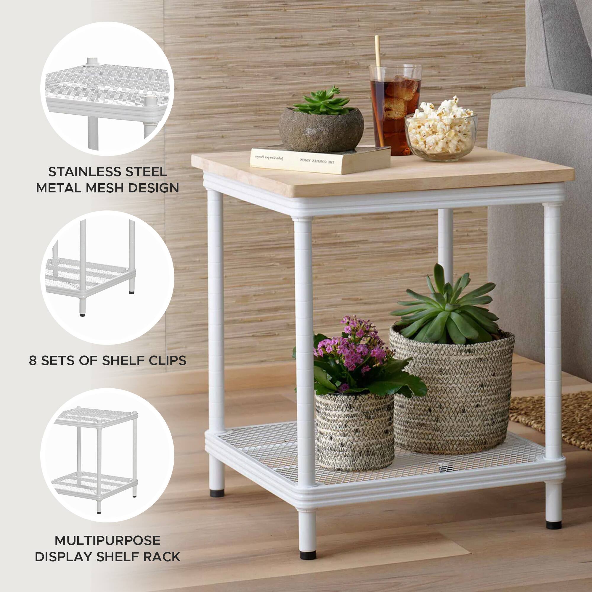 STAINLESS STEEL METAL MESH DESIGN  
8 SETS OF SHELF CLIPS  
MULTIPURPOSE DISPLAY SHELF RACK