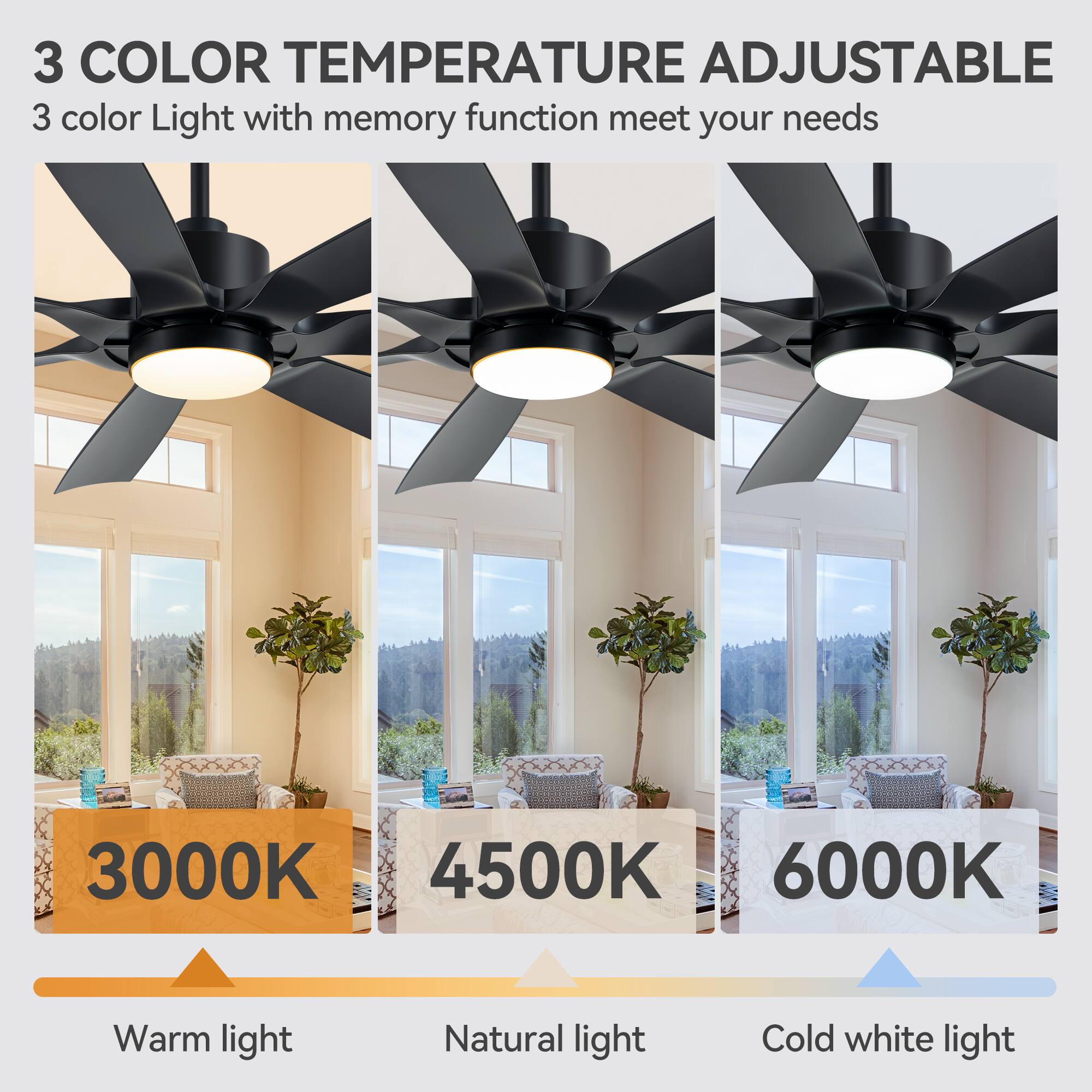 3 COLOR TEMPERATURE ADJUSTABLE
3 color Light with memory function meet your needs
3000K Warm light
4500K Natural light
6000K Cold white light