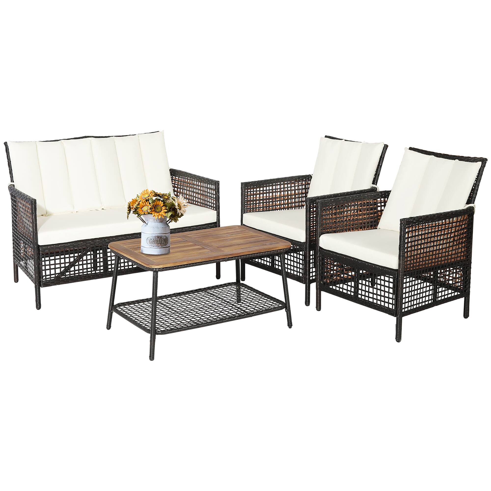 Costway - Patiojoy 4PCS Patio Rattan Furniture Set Cushioned Chairs Wood Table Top W/Shelf - Mix Reddish Brown,Off White