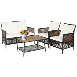 Costway - Patiojoy 4PCS Patio Rattan Furniture Set Cushioned Chairs Wood Table Top W/Shelf - Mix Reddish Brown,Off White