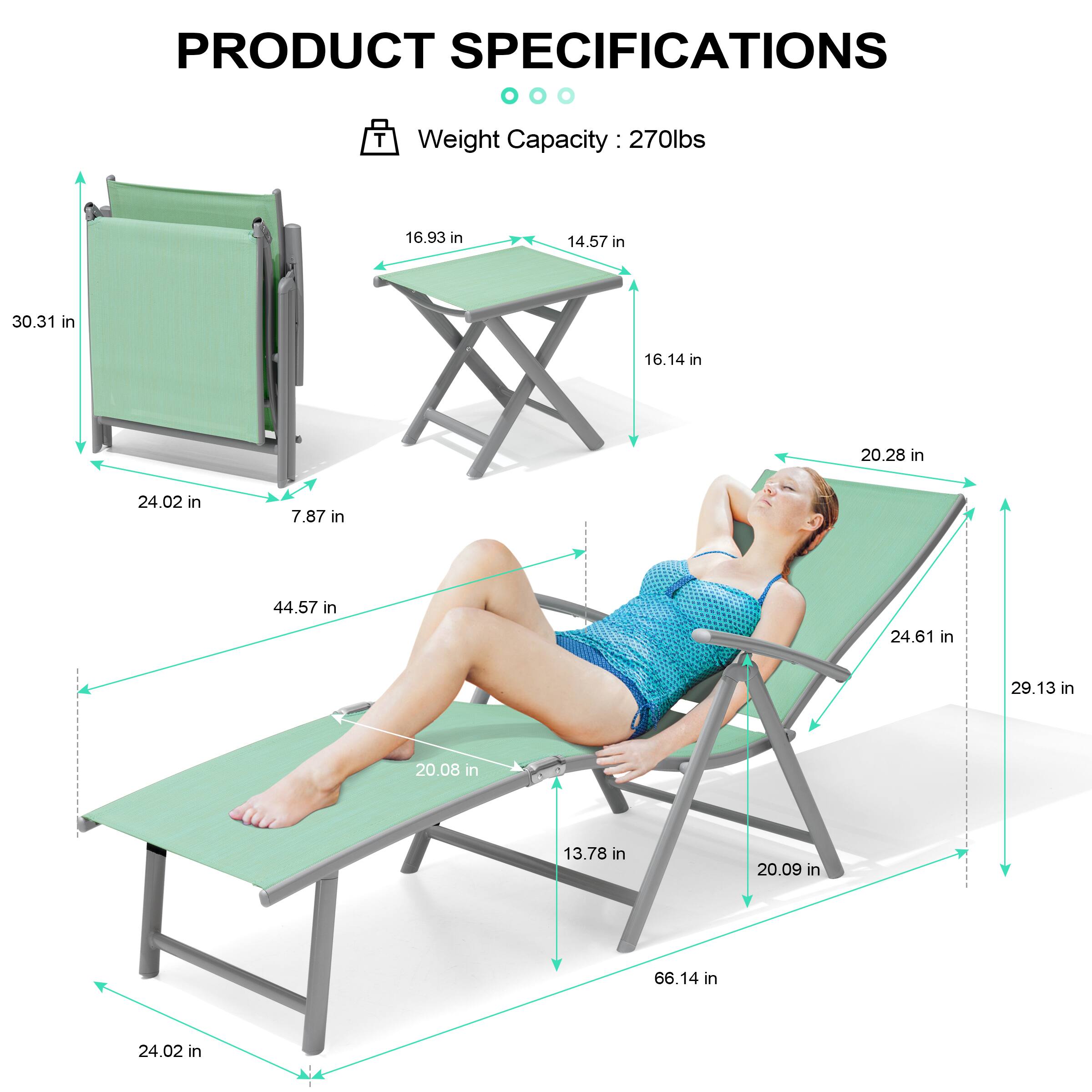 PRODUCT SPECIFICATIONS

Weight Capacity: 270lbs

- 30.31 in
- 16.93 in
- 14.57 in
- 16.14 in
- 20.28 in
- 24.02 in
- 7.87 in
- 44.57 in
- 24.61 in
- 29.13 in
- 20.08 in
- 13.78 in
- 20.09 in
- 66.14 in
- 24.02 in