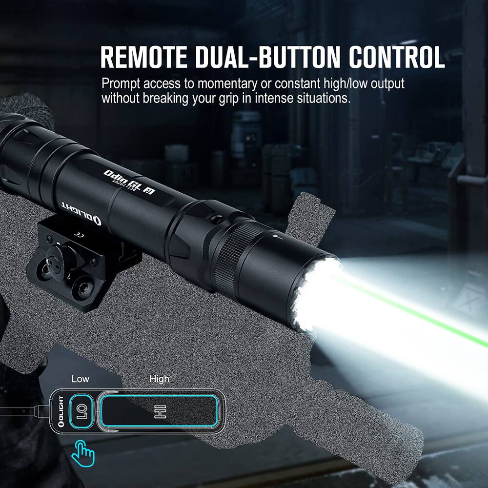 REMOTE DUAL-BUTTON CONTROL  
Prompt access to momentary or constant high/low output without breaking your grip in intense situations.  

Low  
High