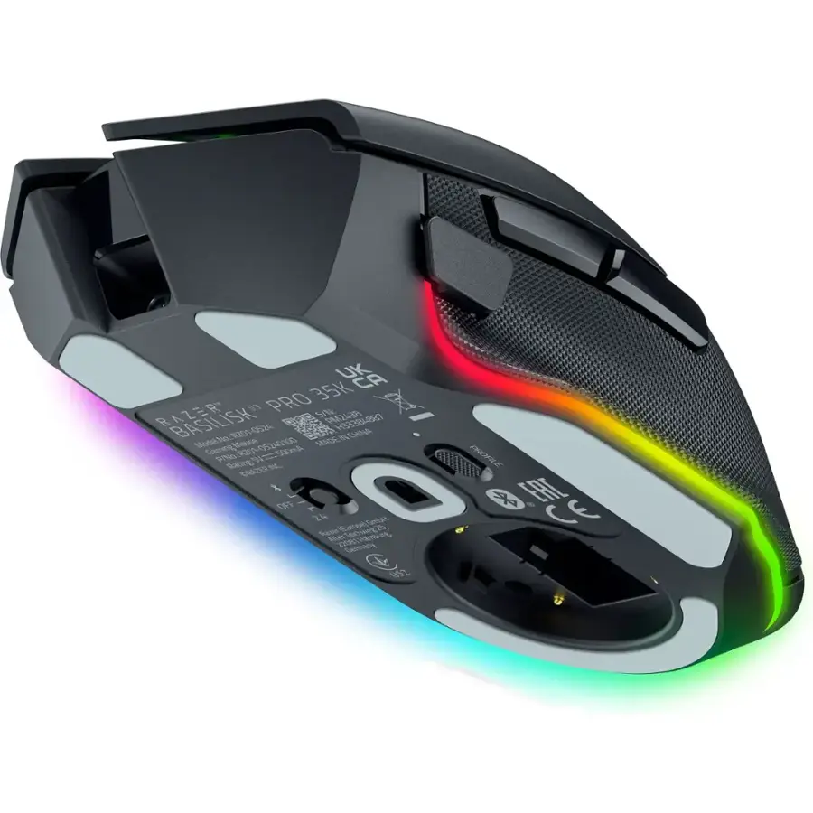 The text on the image reads: "UK CA PRO 35K X RAZER R" EA S/IL BASILISK" 4220 8 COR 2438 TE8JS N R201-0524 R200 D MADEN AI Mode Certified en/ P/0-R201-08240100 Mza 05240055 P0:95 SA g A  M R  OFF 25 Cenban Seaten eoh eete CL He dde Gamem 052 DROPILE P".
