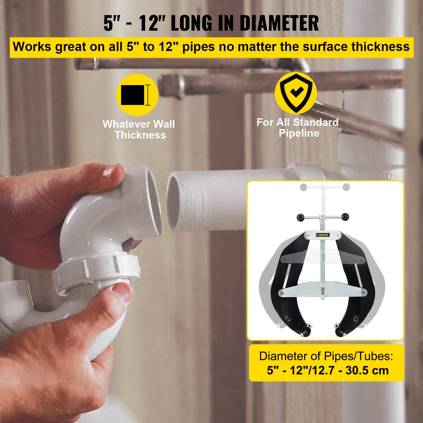 5" - 12" LONG IN DIAMETER  
Works great on all 5" to 12" pipes no matter the surface thickness  
Whatever Wall Thickness  
For All Standard Pipeline  

Diameter of Pipes/Tubes: 5" - 12"/12.7 - 30.5 cm