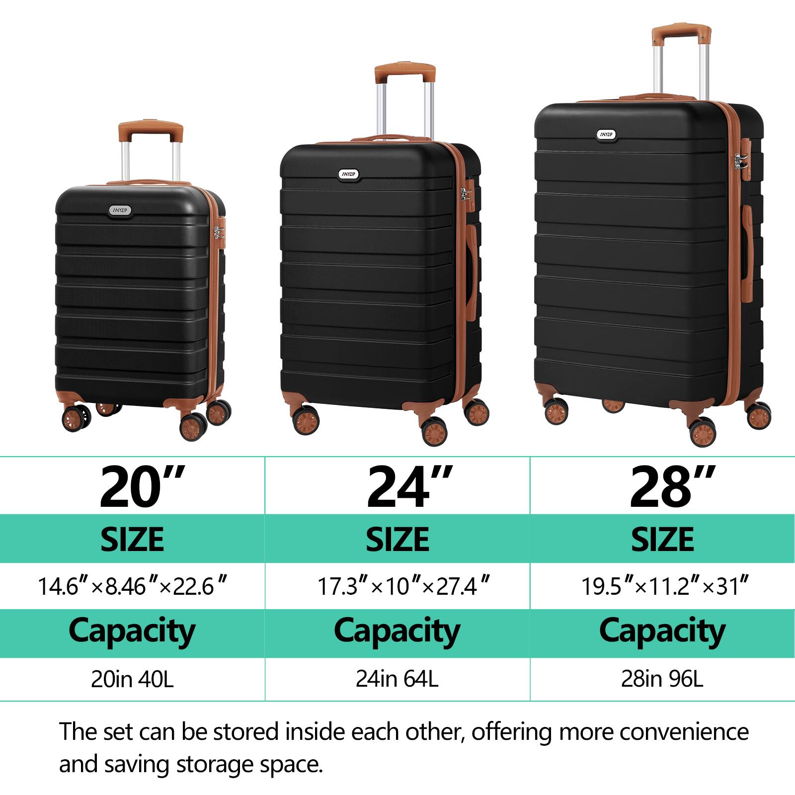 - 20" SIZE: 14.6" x 8.46" x 22.6" - Capacity: 20in 40L
- 24" SIZE: 17.3" x 10" x 27.4" - Capacity: 24in 64L
- 28" SIZE: 19.5" x 11.2" x 31" - Capacity: 28in 96L

The set can be stored inside each other, offering more convenience and saving storage space.