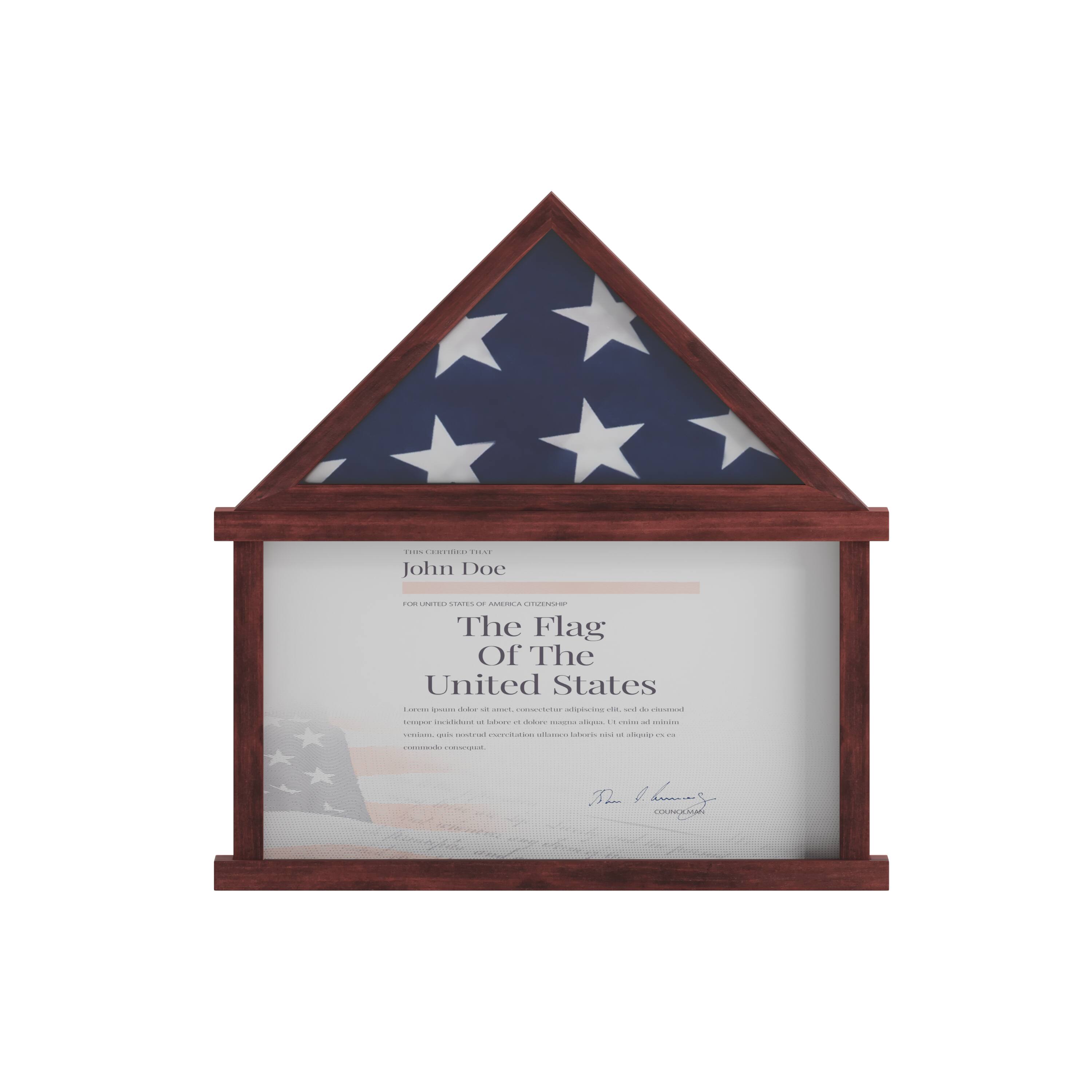 John Doe

This Certified That

The Flag
Of The
United States

For United States of America Citizen
John Doe

I do solemnly affirm that I am a citizen of the United States of America and that I will support and defend the Constitution of the United States against all enemies, foreign and domestic; that I will bear true faith and allegiance to the same; that I take this obligation freely, without any mental reservation or purpose of evasion; and that I will well and faithfully discharge the duties incumbent upon me: So help me God.

Print Name: John Doe
Signature: [Signature]
Council of the United States
