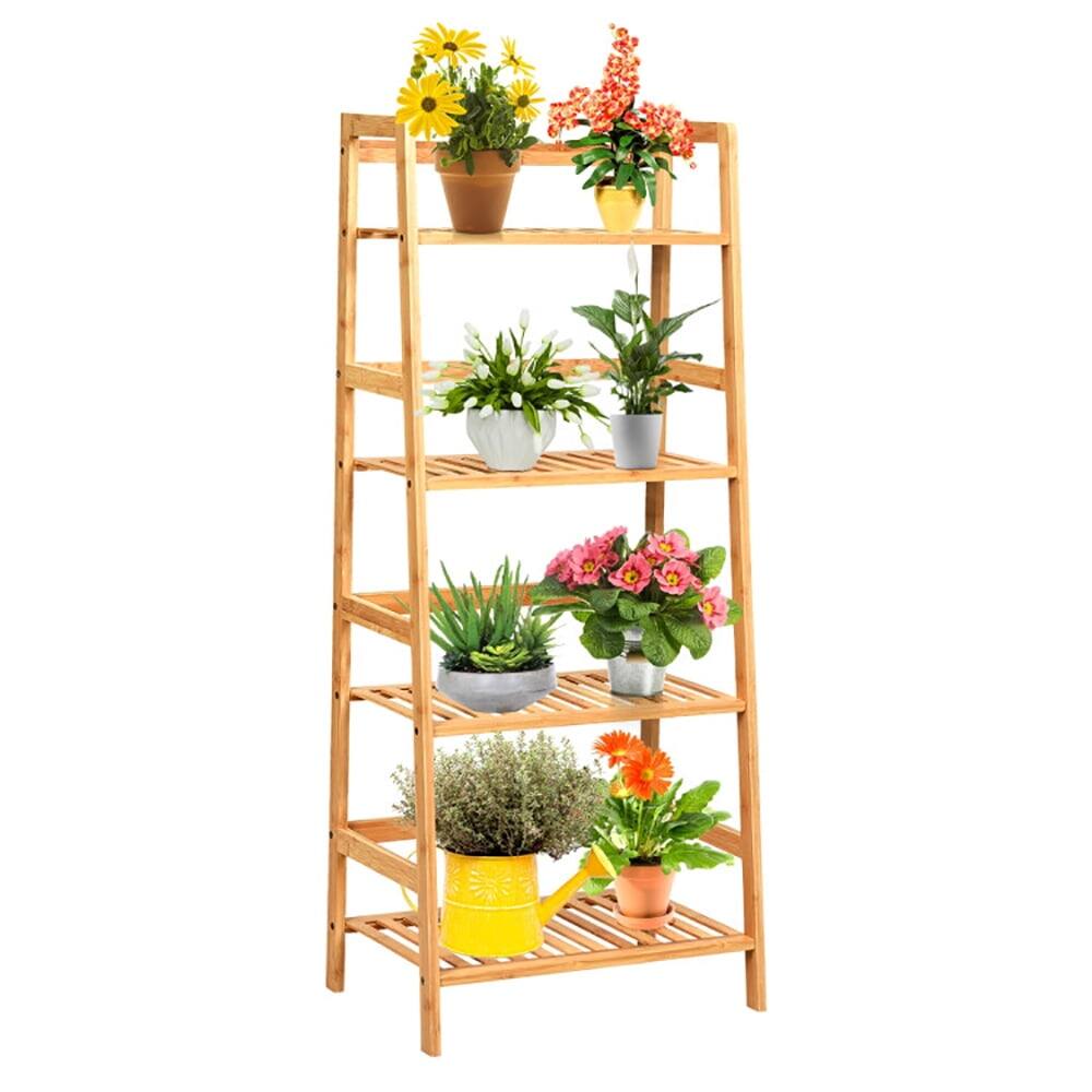 Left. Pefilos - 4-Tier Bamboo Plant Rack with Guardrails Stable and Space-Saving-Natural, Flower Pot Stand for Planter Corner Garden - Brown.