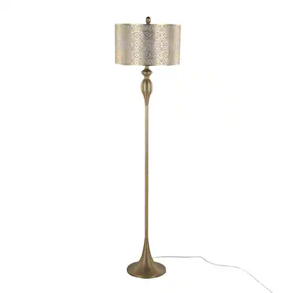 Front. APRILSOUL - Ashland 63in Contemporary Metal Floor Lamp in Gold Metal with Laser Cut Metal and Off-White Linen Shade - Gold.