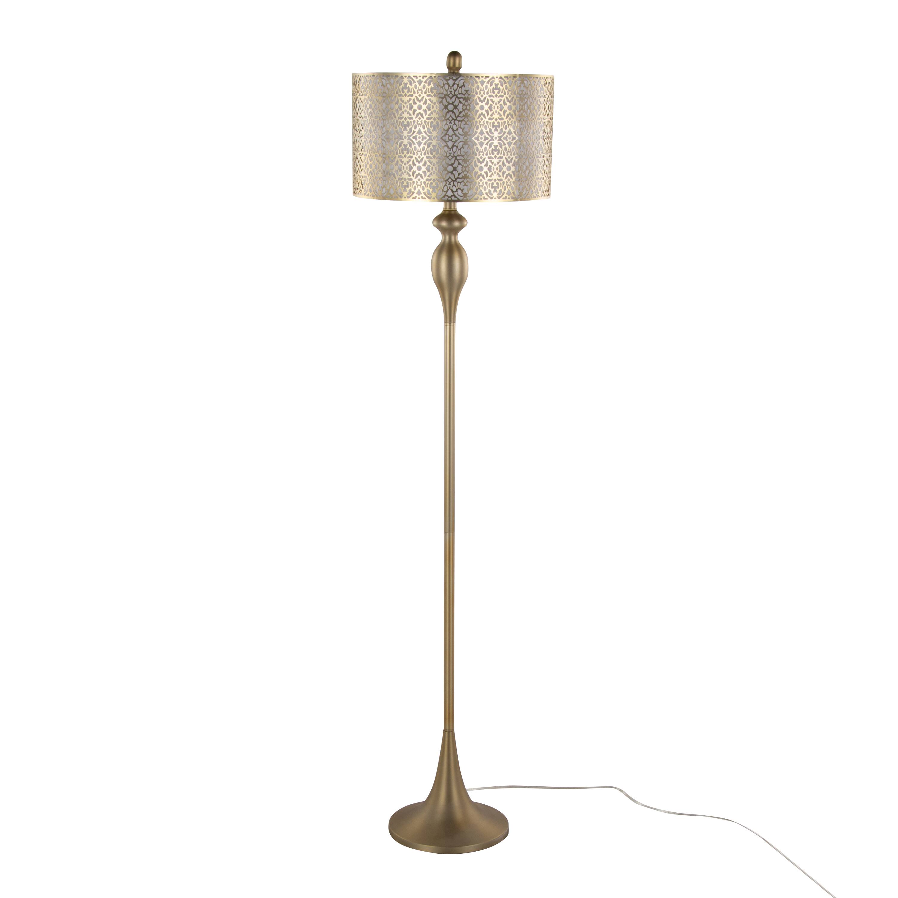 Front. APRILSOUL - Ashland 63in Contemporary Metal Floor Lamp in Gold Metal with Laser Cut Metal and Off-White Linen Shade - Gold.