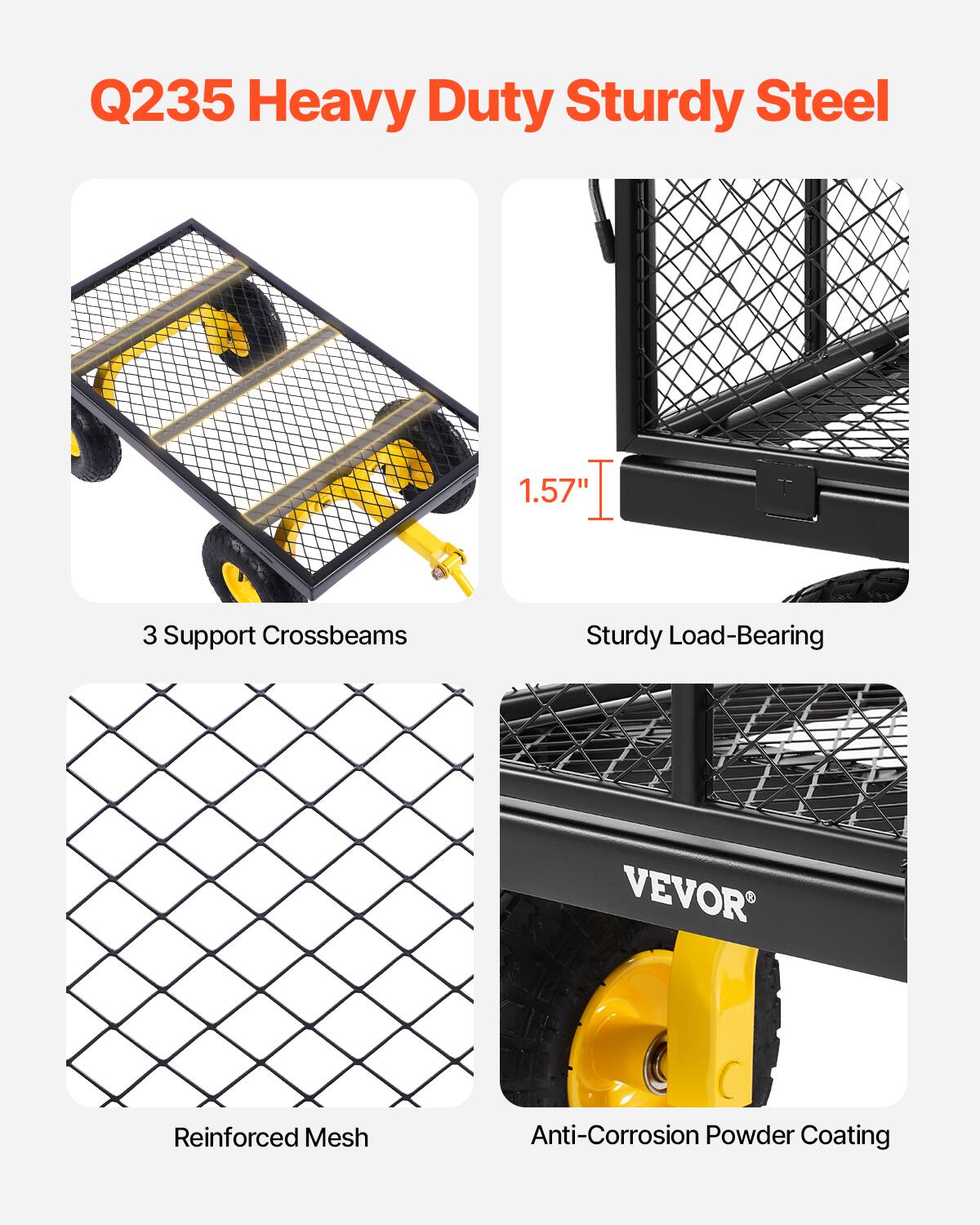 Q235 Heavy Duty Sturdy Steel

1.57"
3 Support Crossbeams
Sturdy Load-Bearing
Reinforced Mesh
Anti-Corrosion Powder Coating