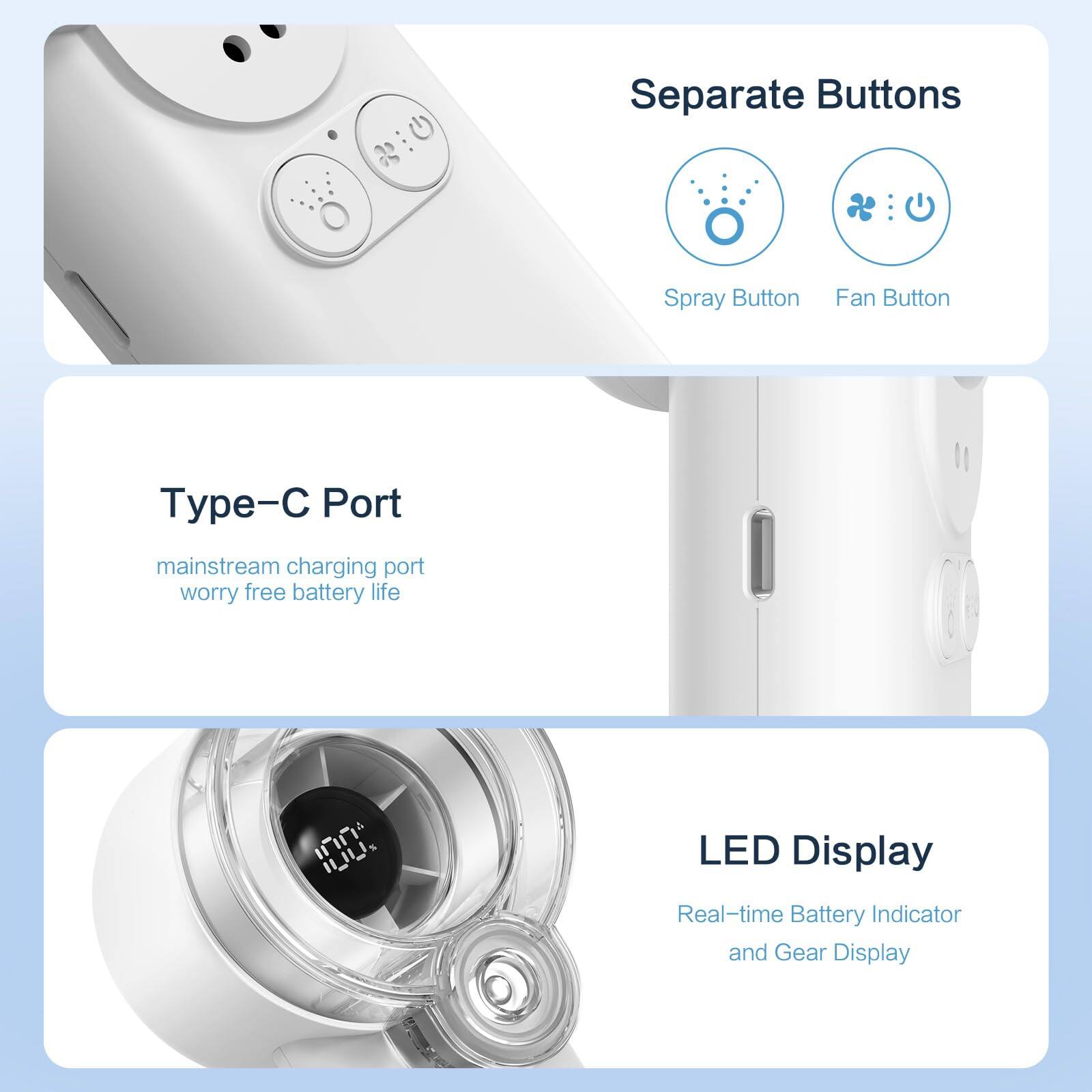 Separate Buttons: Spray Button, Fan Button  
Type-C Port: mainstream charging port, worry-free battery life  
LED Display: Real-time Battery Indicator and Gear Display